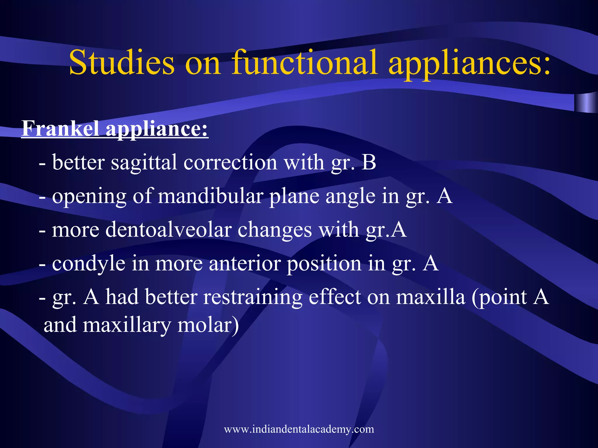 Studies on functional appliances:
Frankel appliance:
- better sagittal correction with gr. B
- opening of mandibular plane angle in gr. A
- more dentoalveolar changes with gr.A
- condyle in more anterior position in gr. A
- gr. A had better restraining effect on maxilla (point A
and maxillary molar)

www.indiandentalacademy.com

 