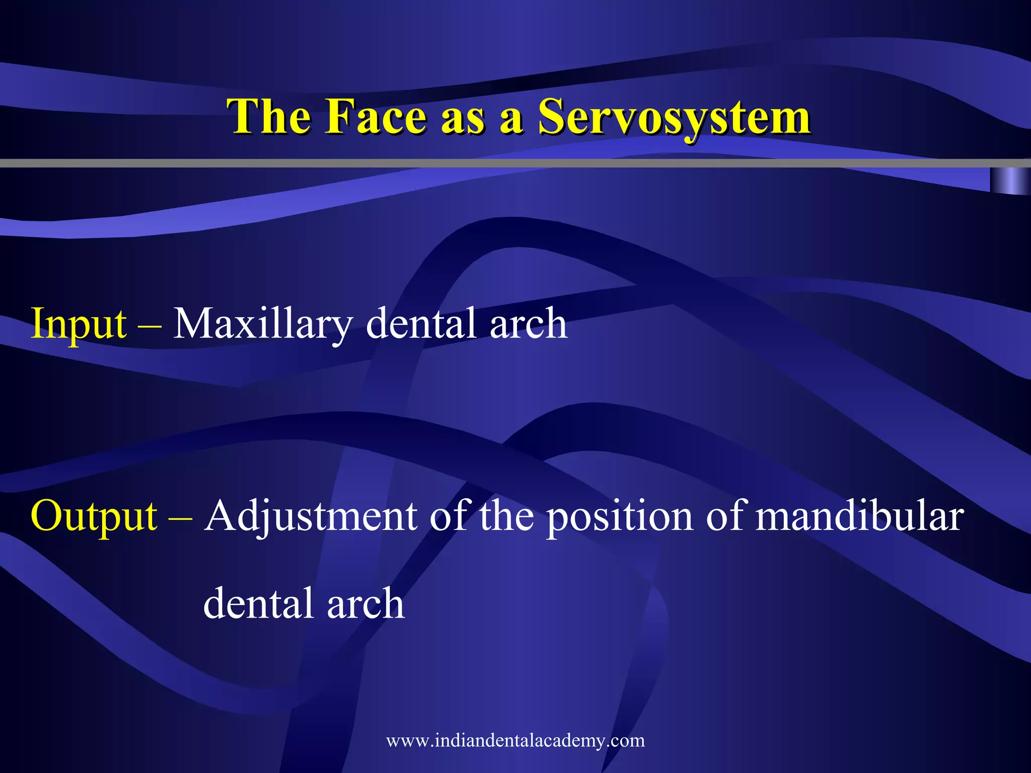The Face as a Servosystem

Input – Maxillary dental arch

Output – Adjustment of the position of mandibular
dental arch
www.indiandentalacademy.com

 