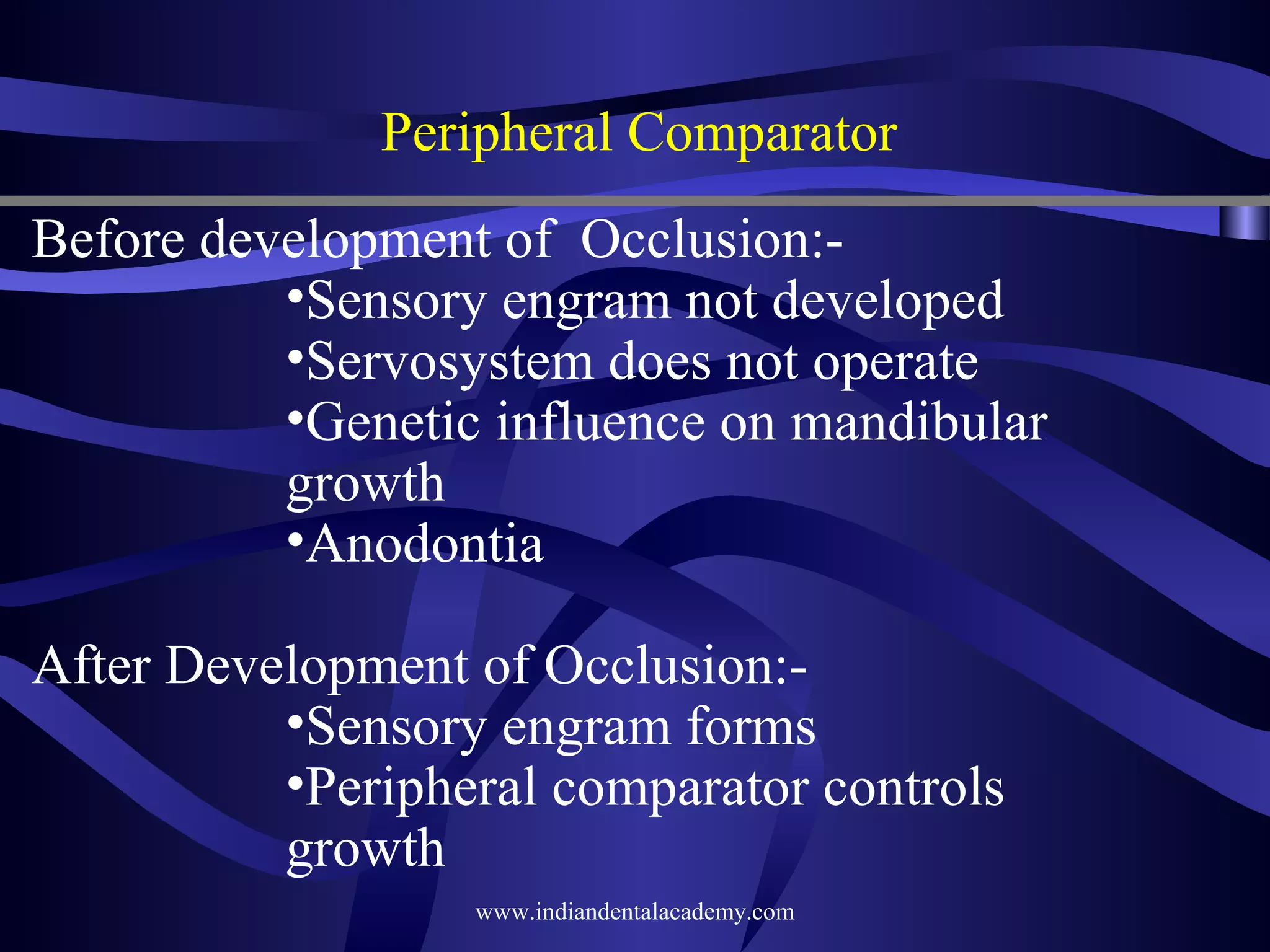Peripheral Comparator
Before development of Occlusion:•Sensory engram not developed
•Servosystem does not operate
•Genetic influence on mandibular
growth
•Anodontia
After Development of Occlusion:•Sensory engram forms
•Peripheral comparator controls
growth
www.indiandentalacademy.com

 