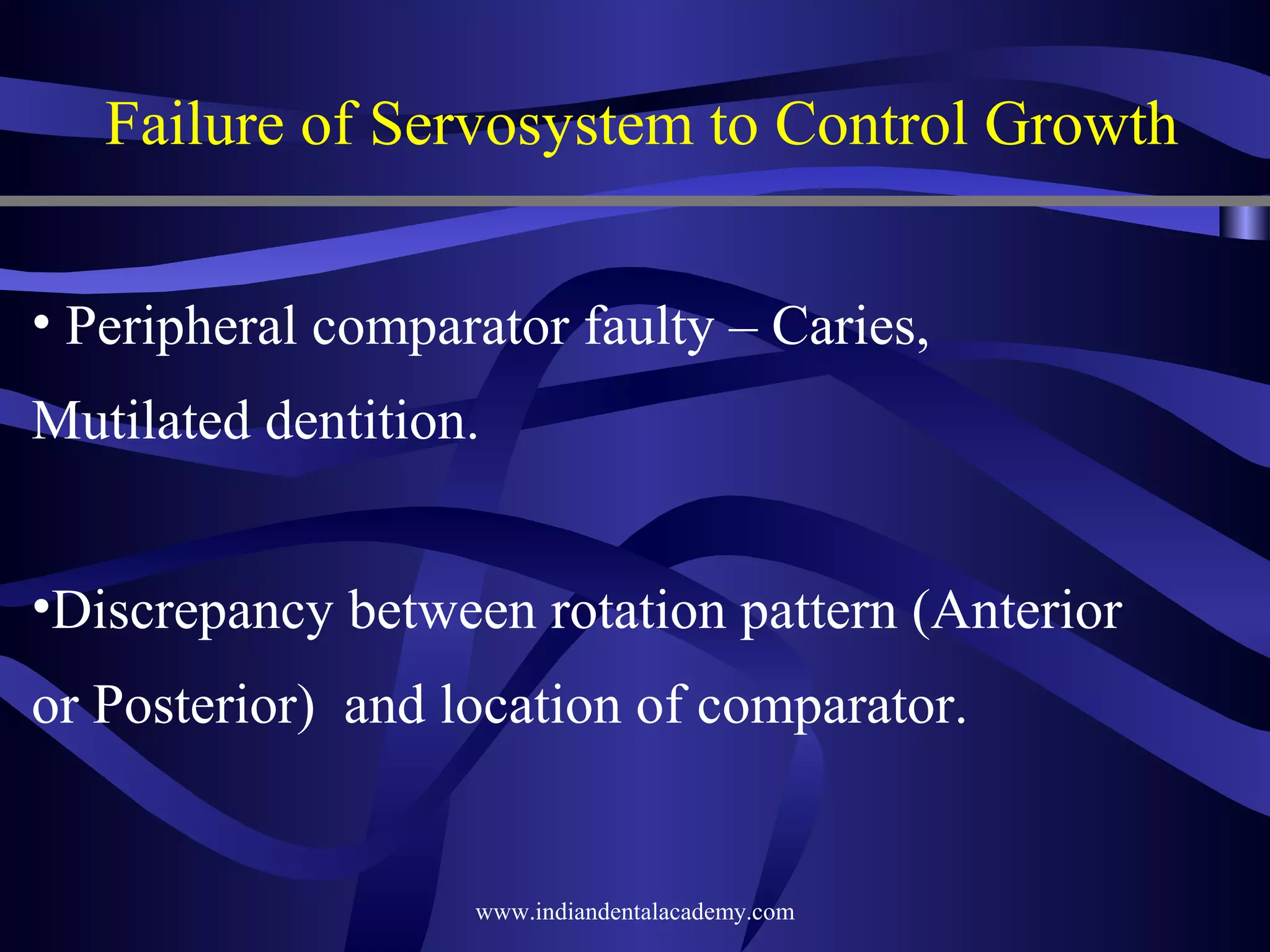 Failure of Servosystem to Control Growth
• Peripheral comparator faulty – Caries,
Mutilated dentition.
•Discrepancy between rotation pattern (Anterior
or Posterior) and location of comparator.

www.indiandentalacademy.com

 