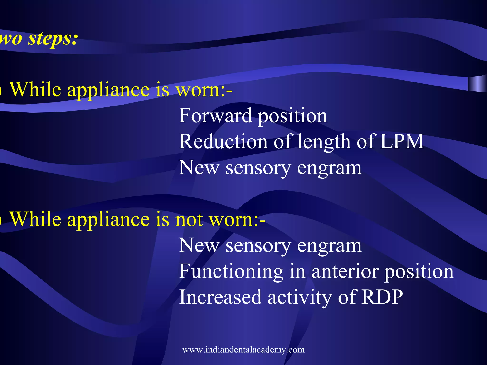 wo steps:

) While appliance is worn:Forward position
Reduction of length of LPM
New sensory engram

) While appliance is not worn:New sensory engram
Functioning in anterior position
Increased activity of RDP
www.indiandentalacademy.com

 