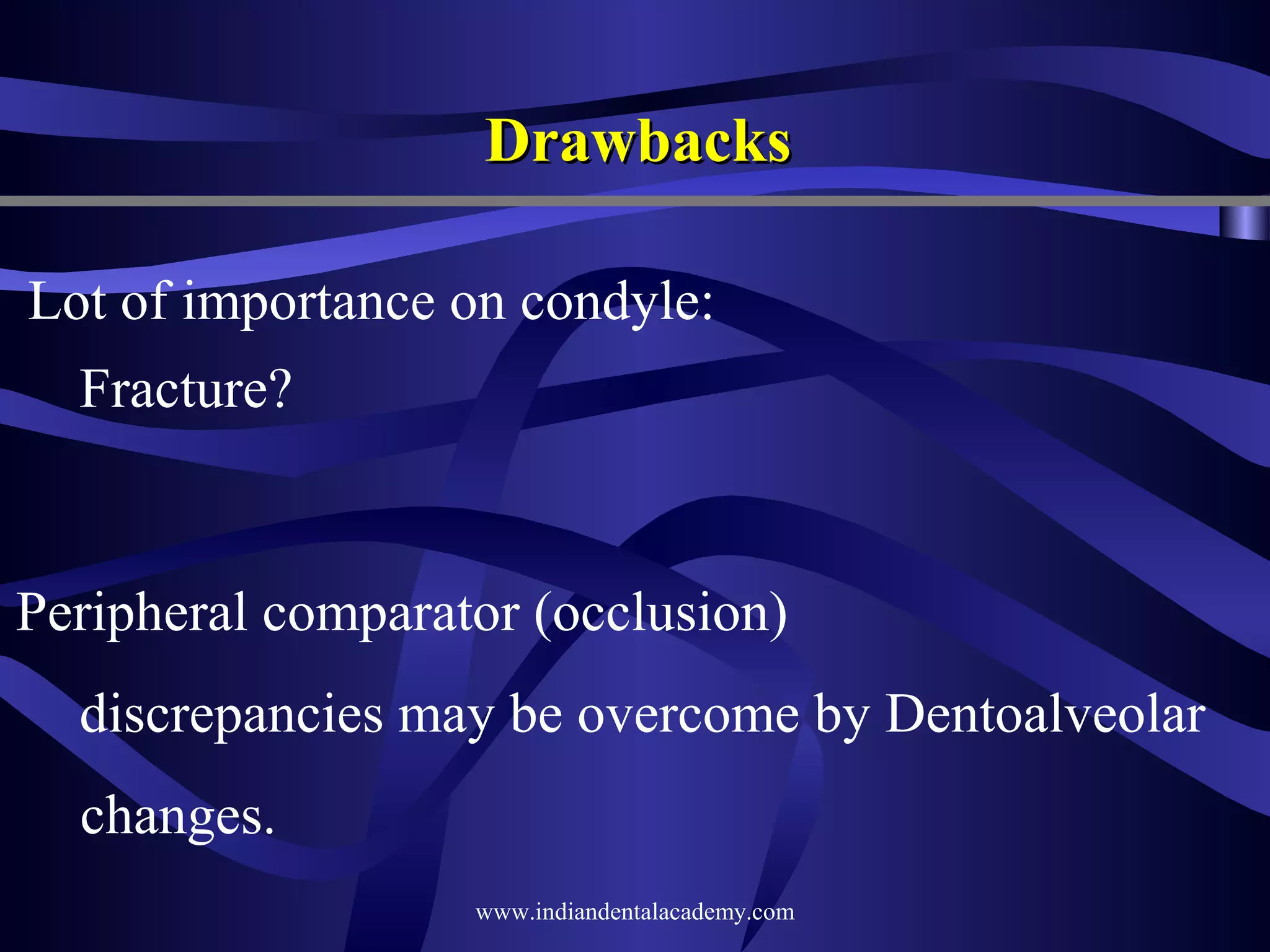 Drawbacks
Lot of importance on condyle:
Fracture?

Peripheral comparator (occlusion)
discrepancies may be overcome by Dentoalveolar
changes.
www.indiandentalacademy.com

 
