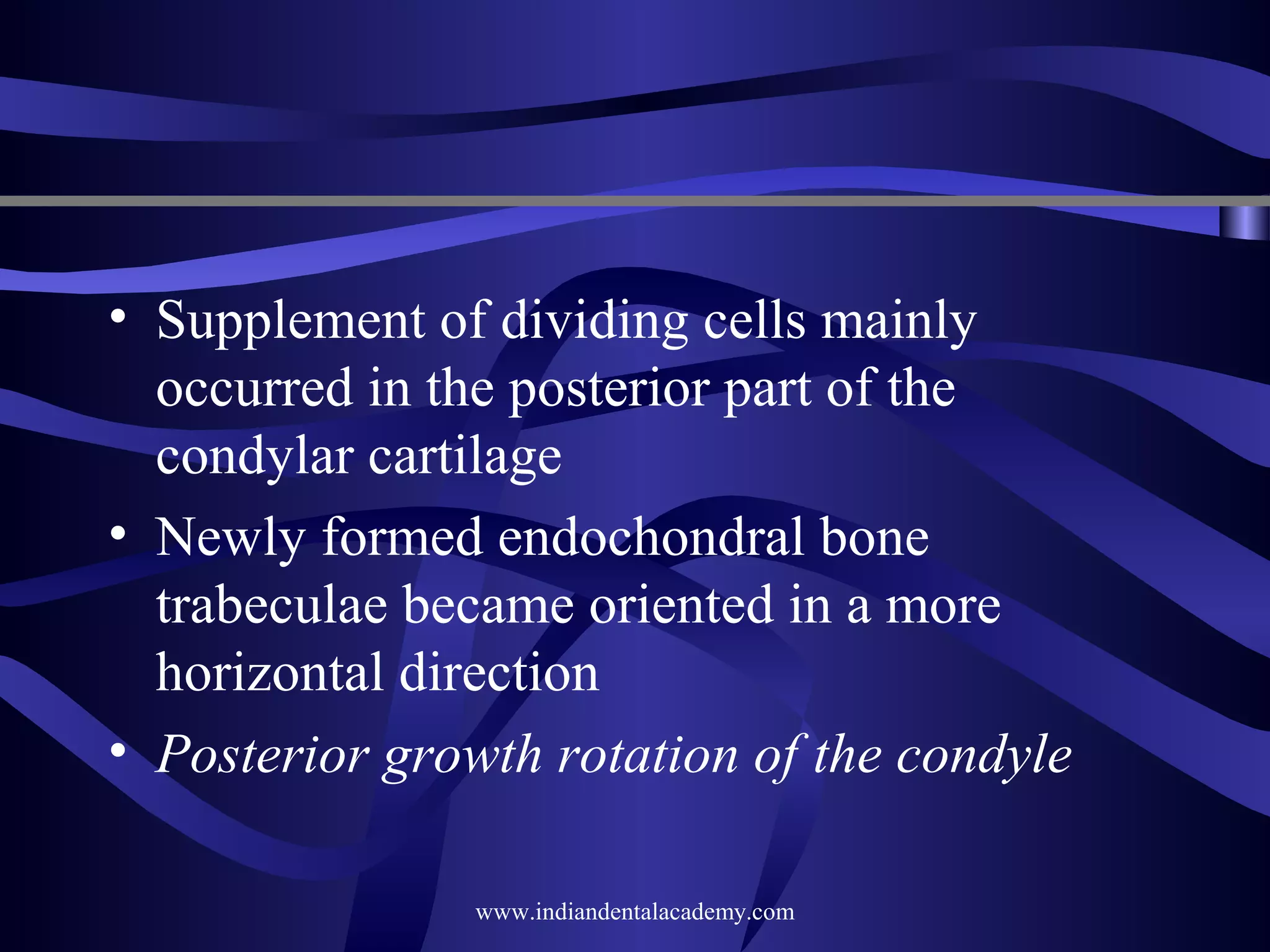 • Supplement of dividing cells mainly
occurred in the posterior part of the
condylar cartilage
• Newly formed endochondral bone
trabeculae became oriented in a more
horizontal direction
• Posterior growth rotation of the condyle
www.indiandentalacademy.com

 