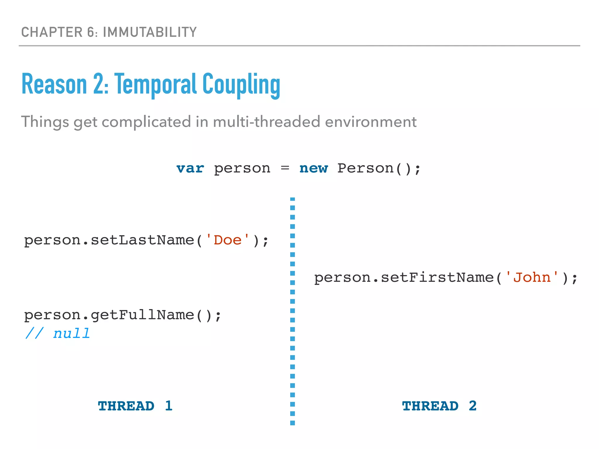CHAPTER 6: IMMUTABILITY
Reason 2: Temporal Coupling
person.setLastName('Doe');
person.getFullName();
// null
Things get complicated in multi-threaded environment
person.setFirstName('John');
var person = new Person();
THREAD 1 THREAD 2
 