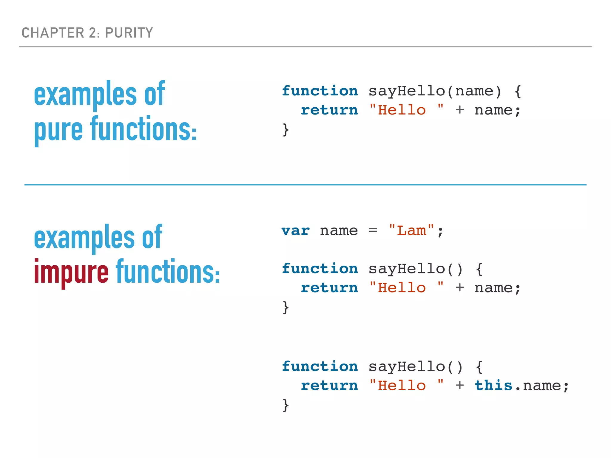 CHAPTER 2: PURITY
examples of
pure functions:
function sayHello(name) {
return "Hello " + name;
}
var name = "Lam";
function sayHello() {
return "Hello " + name;
}
function sayHello() {
return "Hello " + this.name;
}
examples of
impure functions:
 