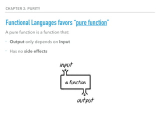 CHAPTER 2: PURITY
Functional Languages favors “pure function”
A pure function is a function that:
- Output only depends on Input
- Has no side effects
 