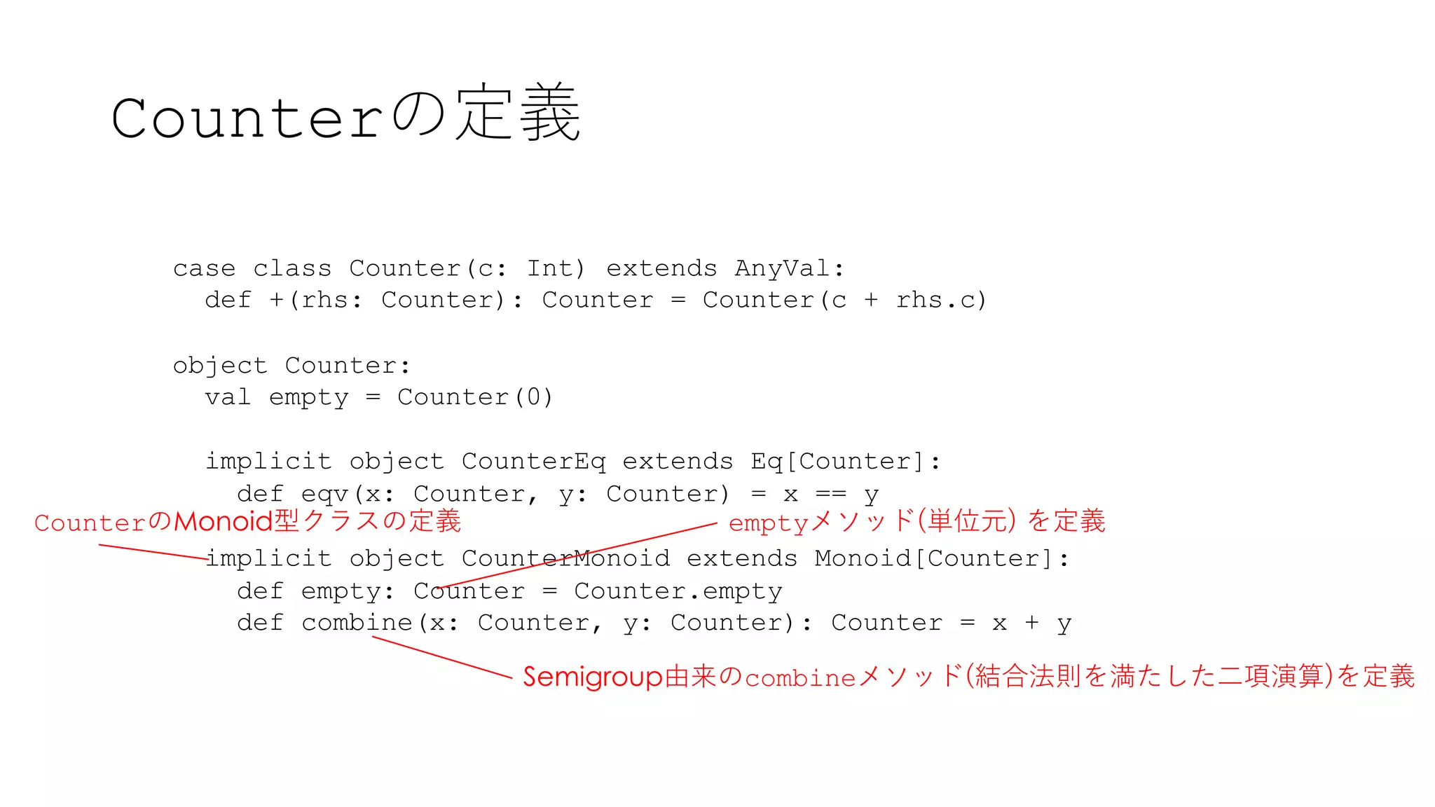 case class Counter(c: Int) extends AnyVal:
def +(rhs: Counter): Counter = Counter(c + rhs.c)
object Counter:
val empty = Counter(0)
implicit object CounterEq extends Eq[Counter]:
def eqv(x: Counter, y: Counter) = x == y
implicit object CounterMonoid extends Monoid[Counter]:
def empty: Counter = Counter.empty
def combine(x: Counter, y: Counter): Counter = x + y
Counterの定義
CounterのMonoid型クラスの定義 emptyメソッド(単位元) を定義
Semigroup由来のcombineメソッド(結合法則を満たした⼆項演算)を定義
 