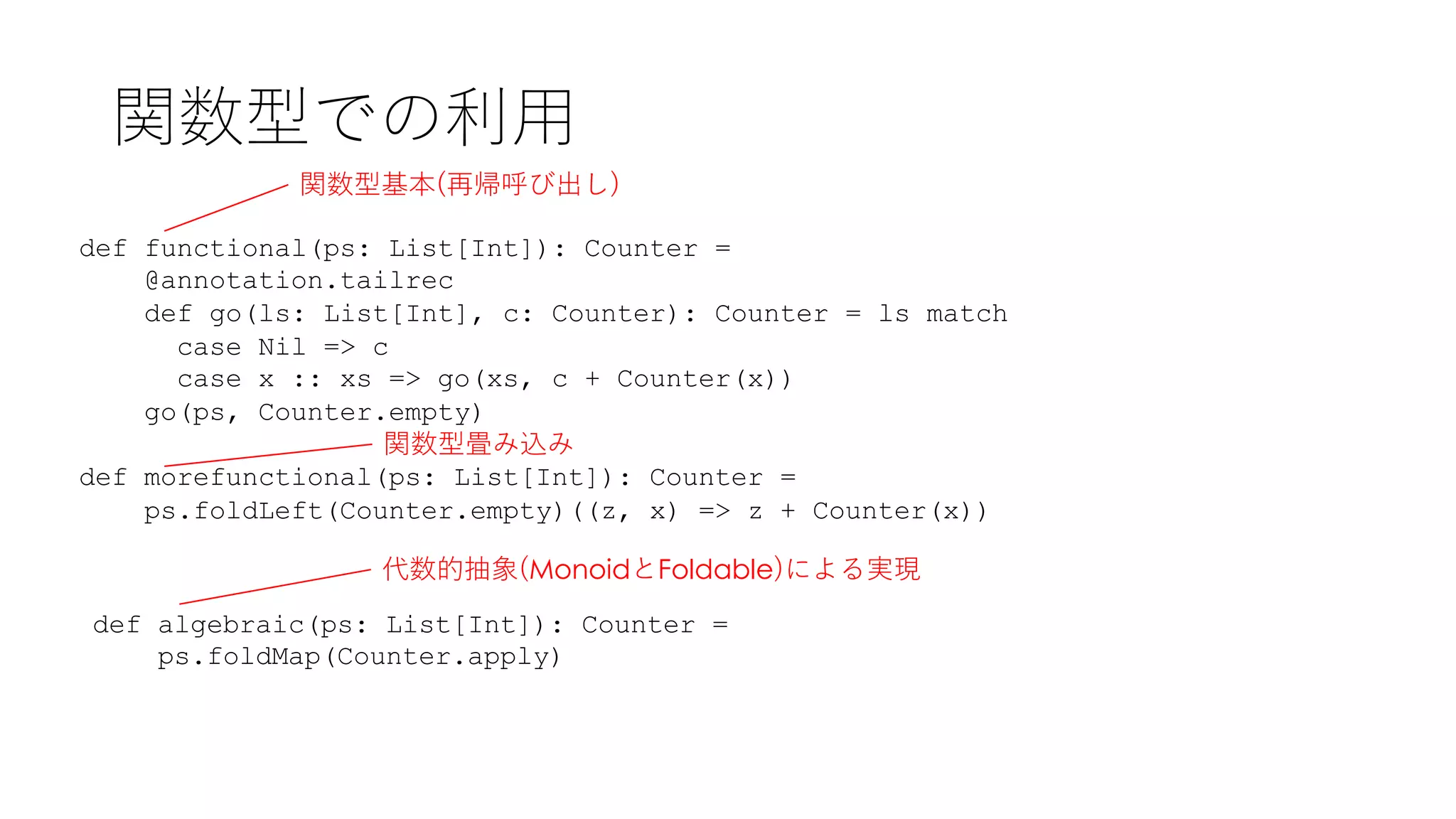 def functional(ps: List[Int]): Counter =
@annotation.tailrec
def go(ls: List[Int], c: Counter): Counter = ls match
case Nil => c
case x :: xs => go(xs, c + Counter(x))
go(ps, Counter.empty)
def morefunctional(ps: List[Int]): Counter =
ps.foldLeft(Counter.empty)((z, x) => z + Counter(x))
def algebraic(ps: List[Int]): Counter =
ps.foldMap(Counter.apply)
関数型での利⽤
関数型基本(再帰呼び出し)
代数的抽象(MonoidとFoldable)による実現
関数型畳み込み
 