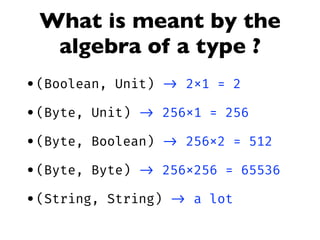 What is meant by the
algebra of a type ?
•(Boolean, Unit) -> 2x1 = 2
•(Byte, Unit) -> 256x1 = 256
•(Byte, Boolean) -> 256x2 = 512
•(Byte, Byte) -> 256x256 = 65536
•(String, String) -> a lot
 