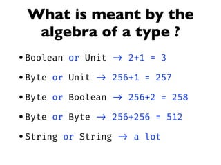 What is meant by the
algebra of a type ?
•Boolean or Unit -> 2+1 = 3
•Byte or Unit -> 256+1 = 257
•Byte or Boolean -> 256+2 = 258
•Byte or Byte -> 256+256 = 512
•String or String -> a lot
 