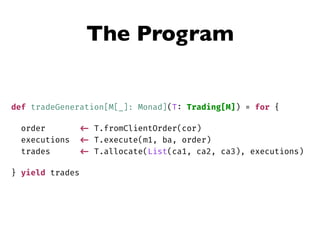 The Program
def tradeGeneration[M[_]: Monad](T: Trading[M]) = for {
order <- T.fromClientOrder(cor)
executions <- T.execute(m1, ba, order)
trades <- T.allocate(List(ca1, ca2, ca3), executions)
} yield trades
 