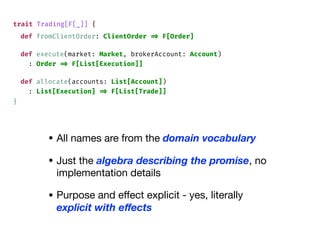 • All names are from the domain vocabulary

• Just the algebra describing the promise, no
implementation details

• Purpose and eﬀect explicit - yes, literally
explicit with eﬀects
def fromClientOrder: ClientOrder => F[Order]
def execute(market: Market, brokerAccount: Account)
: Order => F[List[Execution]]
def allocate(accounts: List[Account])
: List[Execution] => F[List[Trade]]
trait Trading[F[_]] {
}
 