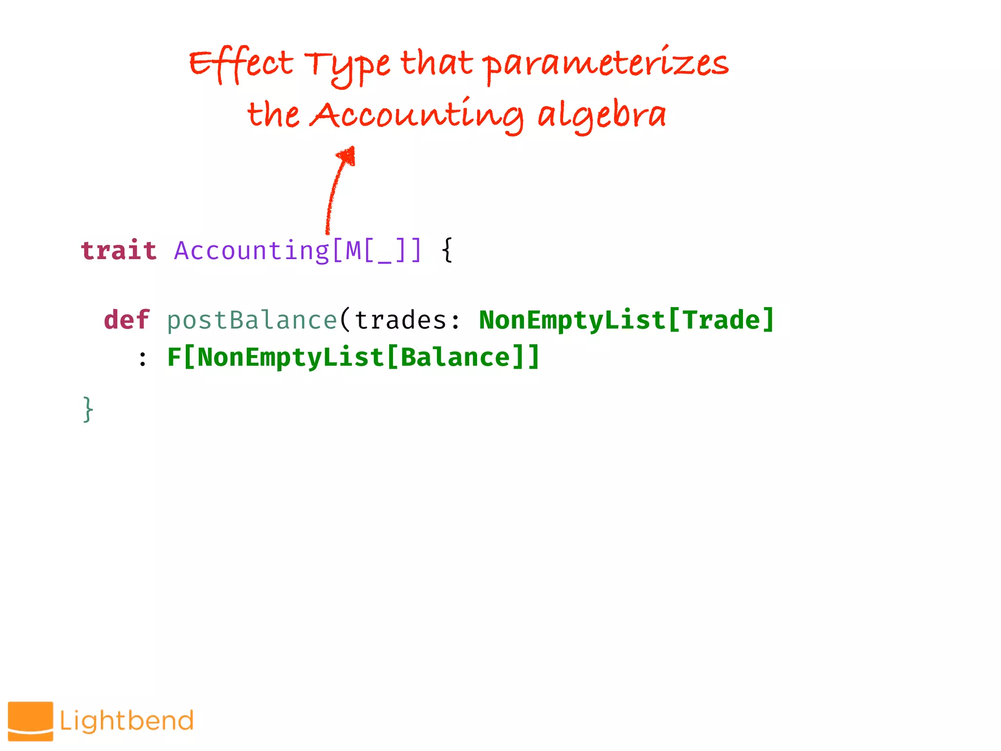 def postBalance(trades: NonEmptyList[Trade]
: F[NonEmptyList[Balance]]
trait Accounting[M[_]] {
}
Effect Type that parameterizes
the Accounting algebra
 