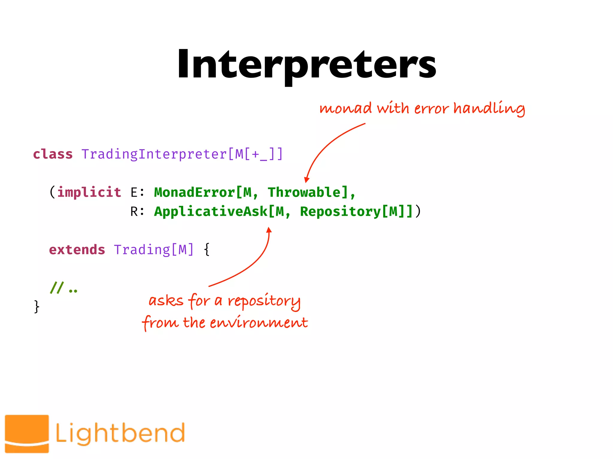 Interpreters
class TradingInterpreter[M[+_]]
(implicit E: MonadError[M, Throwable],
R: ApplicativeAsk[M, Repository[M]])
extends Trading[M] {
!//!..
}
monad with error handling
asks for a repository
from the environment
 