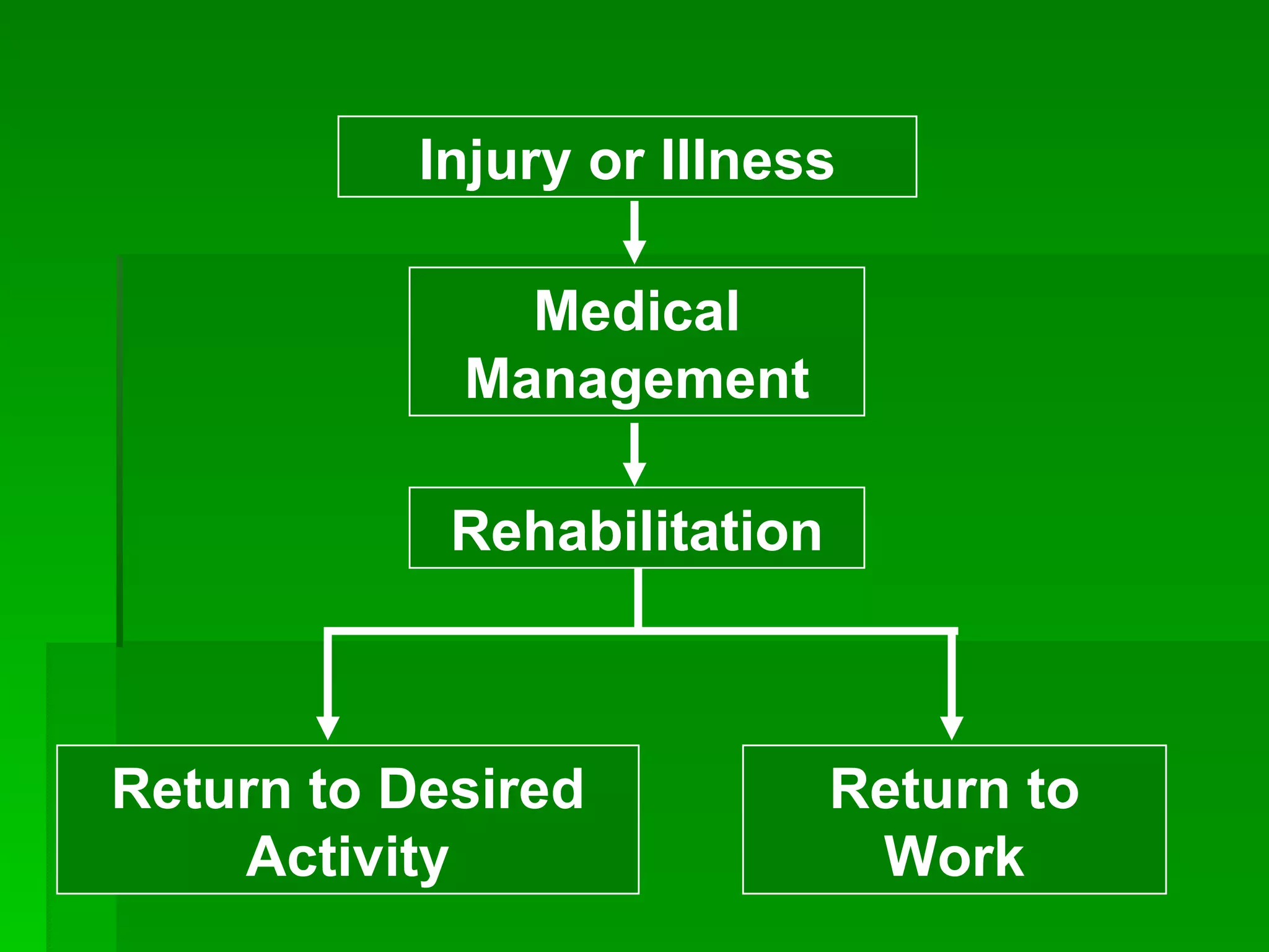 Injury or Illness Medical Management Return to Work Return to Desired Activity Rehabilitation 