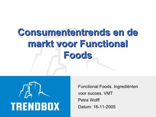 Functional Foods. Ingrediënten voor succes. VMT Petra Wolff Datum: 16-11-2005 Consumententrends en de markt voor Functiona...