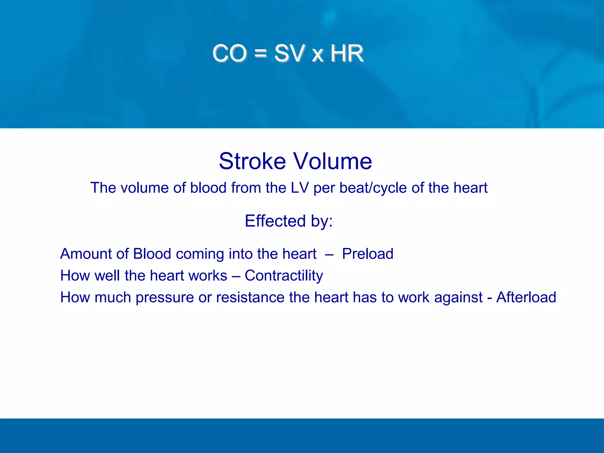 CO = SV x HR
Stroke Volume
The volume of blood from the LV per beat/cycle of the heart
Effected by:
Amount of Blood coming into the heart – Preload
How well the heart works – Contractility
How much pressure or resistance the heart has to work against - Afterload
 