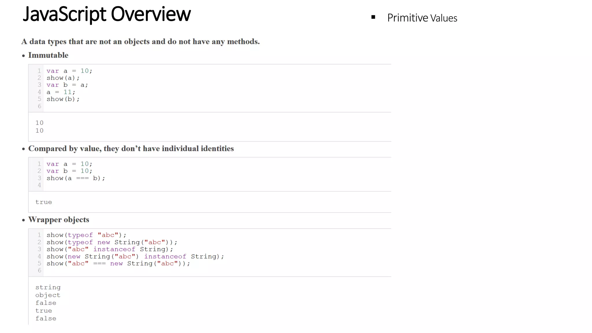 JavaScript Overview – Primitive Values 
