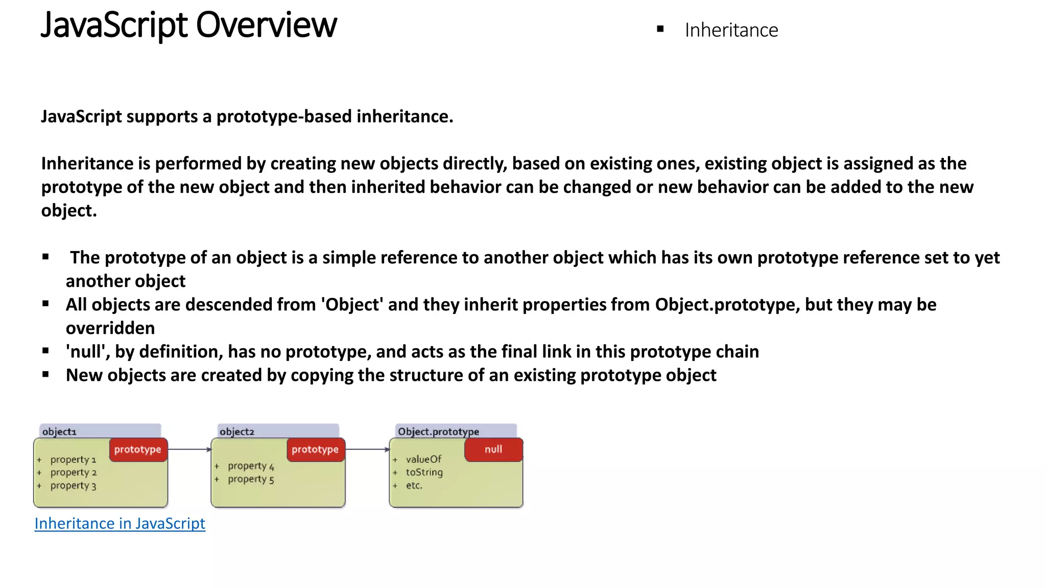 JavaScript Overview - Inheritance JavaScript supports a prototype-based inheritance. Inheritance is performed by creating new objects directly, based on existing ones, existing object is assigned as the prototype of the new object and then inherited behavior can be changed or new behavior can be added to the new object.  The prototype of an object is a simple reference to another object which has its own prototype reference set to yet another object  All objects are descended from 'Object' and they inherit properties from Object.prototype, but they may be overridden  'null', by definition, has no prototype, and acts as the final link in this prototype chain  New objects are created by copying the structure of an existing prototype object Inheritance in JavaScript 