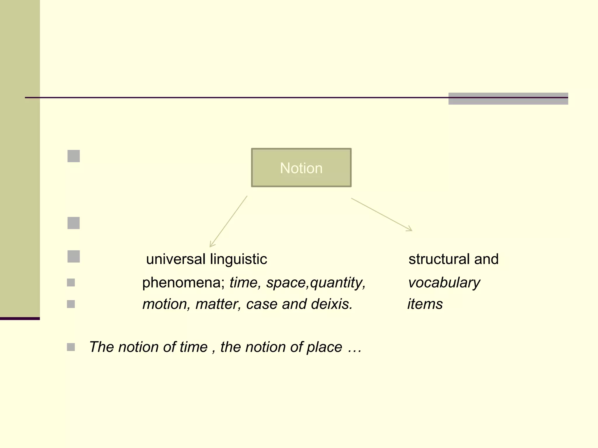 

Notion







universal linguistic

structural and

phenomena; time, space,quantity,
motion, matter, case and deixis.

vocabulary
items

 The notion of time , the notion of place …

 