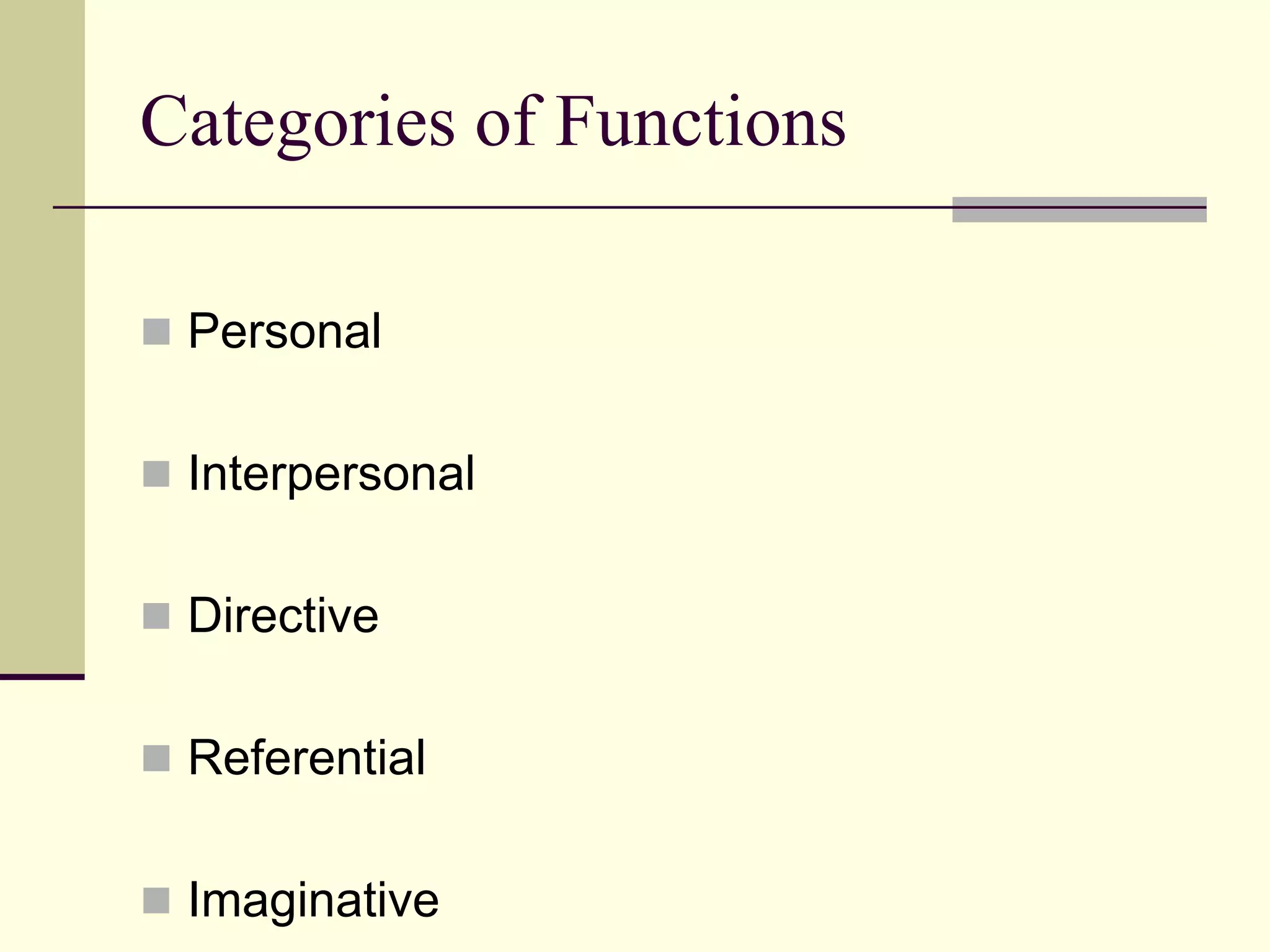 Categories of Functions
 Personal
 Interpersonal
 Directive

 Referential
 Imaginative

 