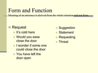 Form and Function
Meaning of an utterance is derived from the whole situation and not from
words and sentences used in isolation

 Request
 It‟s cold here
 Would you ease
close the door
 I wonder if some one
could close the door
 You have left the
door open







Suggestion
Statement
Requesting
Threat

 