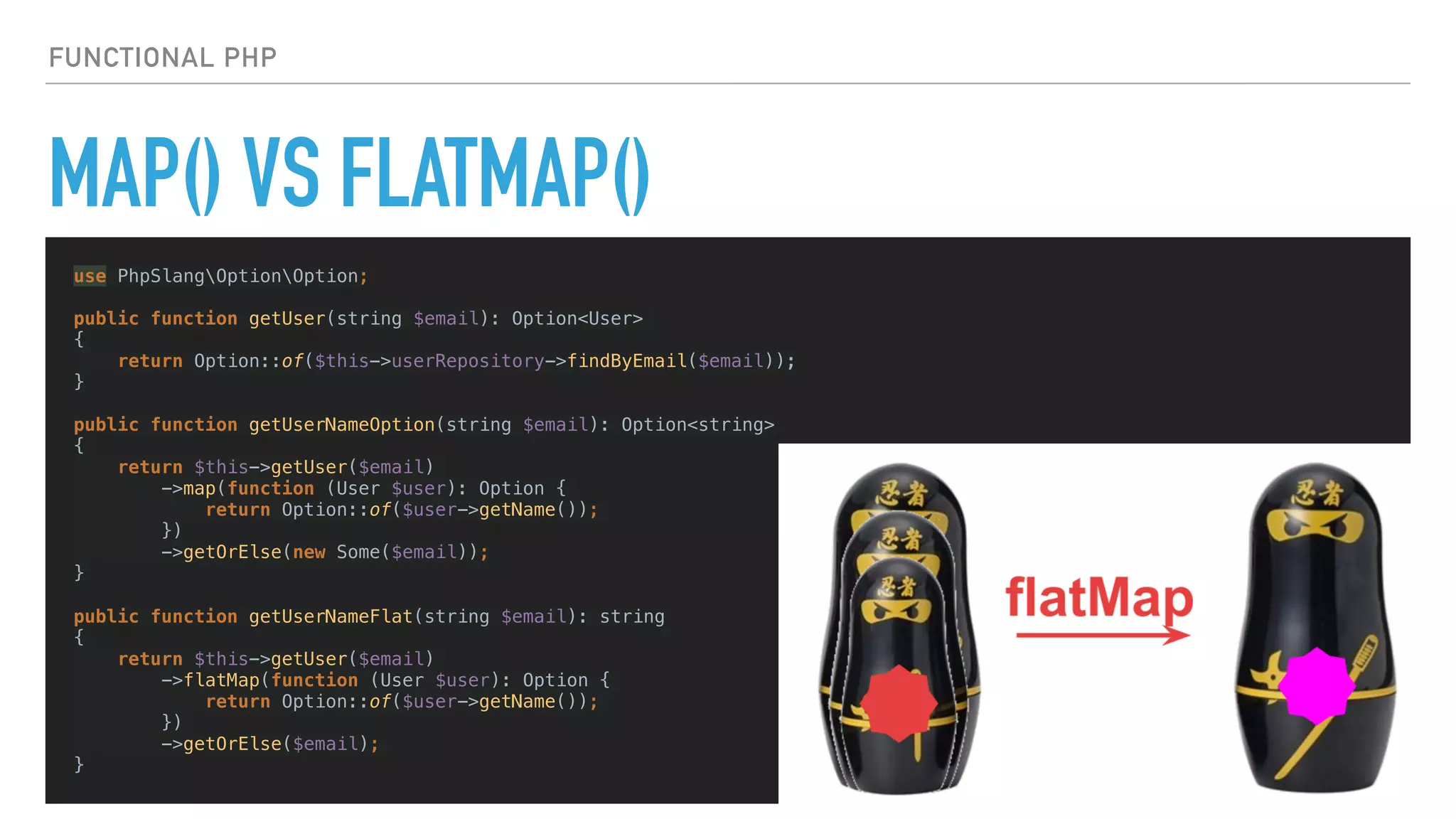 MAP() VS FLATMAP()
use PhpSlangOptionOption;
public function getUser(string $email): Option<User>
{
return Option::of($this->userRepository->findByEmail($email));
}
public function getUserNameOption(string $email): Option<string>
{
return $this->getUser($email)
->map(function (User $user): Option {
return Option::of($user->getName());
})
->getOrElse(new Some($email));
}
public function getUserNameFlat(string $email): string
{
return $this->getUser($email)
->flatMap(function (User $user): Option {
return Option::of($user->getName());
})
->getOrElse($email);
}
FUNCTIONAL PHP
 