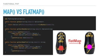 MAP() VS FLATMAP()
use PhpSlangOptionOption;
public function getUser(string $email): Option<User>
{
return Option::of($this->userRepository->findByEmail($email));
}
public function getUserNameOption(string $email): Option<string>
{
return $this->getUser($email)
->map(function (User $user): Option {
return Option::of($user->getName());
})
->getOrElse(new Some($email));
}
public function getUserNameFlat(string $email): string
{
return $this->getUser($email)
->flatMap(function (User $user): Option {
return Option::of($user->getName());
})
->getOrElse($email);
}
FUNCTIONAL PHP
 