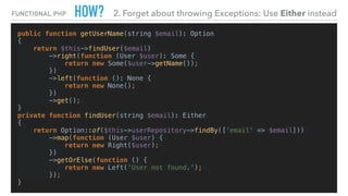 HOW?
public function getUserName(string $email): Option
{
return $this->findUser($email)
->right(function (User $user): Some {
return new Some($user->getName());
})
->left(function (): None {
return new None();
})
->get();
}
private function findUser(string $email): Either
{
return Option::of($this->userRepository->findBy(['email' => $email]))
->map(function (User $user) {
return new Right($user);
})
->getOrElse(function () {
return new Left('User not found.');
});
}
FUNCTIONAL PHP 2. Forget about throwing Exceptions: Use Either instead
 