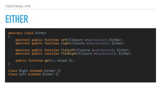 EITHER
FUNCTIONAL PHP
abstract class Either
{
abstract public function left(Closure $expression): Either;
abstract public function right(Closure $expression): Either;
abstract public function flatLeft(Closure $expression): Either;
abstract public function flatRight(Closure $expression): Either;
public function get(): mixed {};
} 
class Right extends Either {}
class Left extends Either {}
 