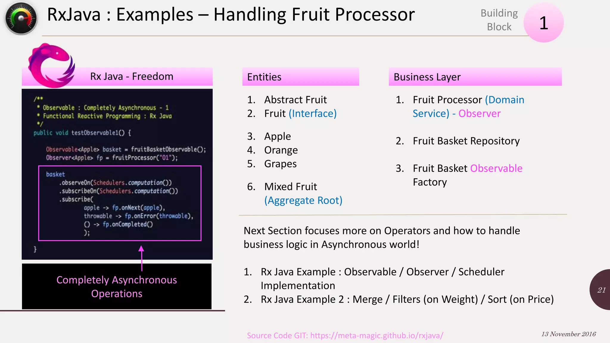 RxJava : Examples – Handling Fruit Processor 13 November 2016 21 1 Building Block Completely Asynchronous Operations Rx Java - Freedom 1. Abstract Fruit 2. Fruit (Interface) 3. Apple 4. Orange 5. Grapes 6. Mixed Fruit (Aggregate Root) Entities 1. Fruit Processor (Domain Service) - Observer 2. Fruit Basket Repository 3. Fruit Basket Observable Factory Business Layer Next Section focuses more on Operators and how to handle business logic in Asynchronous world! 1. Rx Java Example : Observable / Observer / Scheduler Implementation 2. Rx Java Example 2 : Merge / Filters (on Weight) / Sort (on Price) Source Code GIT: https://meta-magic.github.io/rxjava/ 
