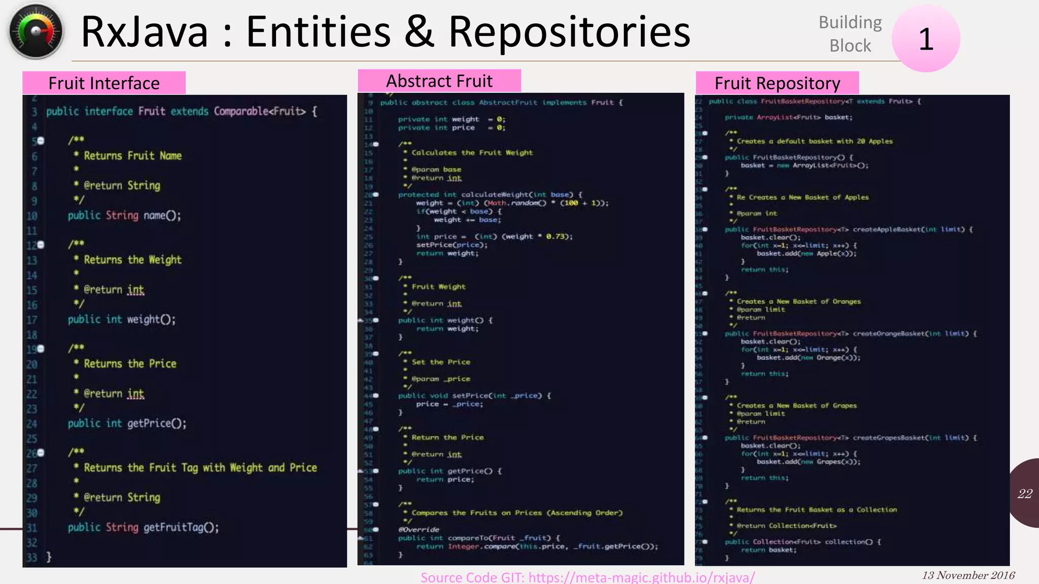 RxJava : Entities & Repositories 13 November 2016 22 1 Building Block Source Code GIT: https://meta-magic.github.io/rxjava/ Fruit Interface Abstract Fruit Fruit Repository 