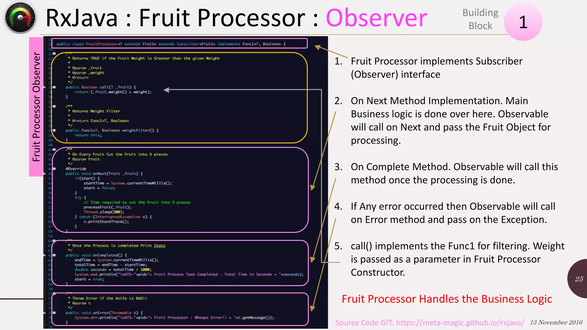 RxJava : Fruit Processor : Observer 13 November 2016 25 1 Building Block Source Code GIT: https://meta-magic.github.io/rxjava/ 1. Fruit Processor implements Subscriber (Observer) interface 2. On Next Method Implementation. Main Business logic is done over here. Observable will call on Next and pass the Fruit Object for processing. 3. On Complete Method. Observable will call this method once the processing is done. 4. If Any error occurred then Observable will call on Error method and pass on the Exception. 5. call() implements the Func1 for filtering. Weight is passed as a parameter in Fruit Processor Constructor. FruitProcessorObserver Fruit Processor Handles the Business Logic 