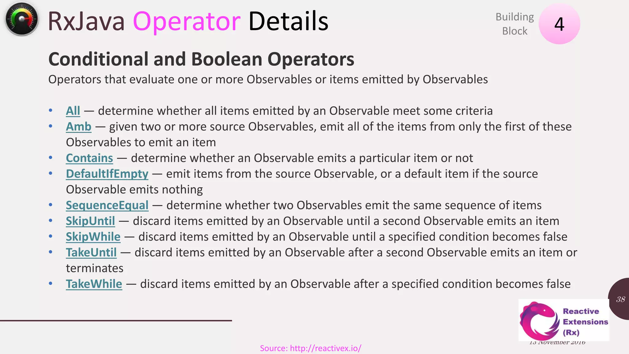 RxJava Operator Details 13 November 2016 38 4Building Block Source: http://reactivex.io/ Conditional and Boolean Operators Operators that evaluate one or more Observables or items emitted by Observables • All — determine whether all items emitted by an Observable meet some criteria • Amb — given two or more source Observables, emit all of the items from only the first of these Observables to emit an item • Contains — determine whether an Observable emits a particular item or not • DefaultIfEmpty — emit items from the source Observable, or a default item if the source Observable emits nothing • SequenceEqual — determine whether two Observables emit the same sequence of items • SkipUntil — discard items emitted by an Observable until a second Observable emits an item • SkipWhile — discard items emitted by an Observable until a specified condition becomes false • TakeUntil — discard items emitted by an Observable after a second Observable emits an item or terminates • TakeWhile — discard items emitted by an Observable after a specified condition becomes false 