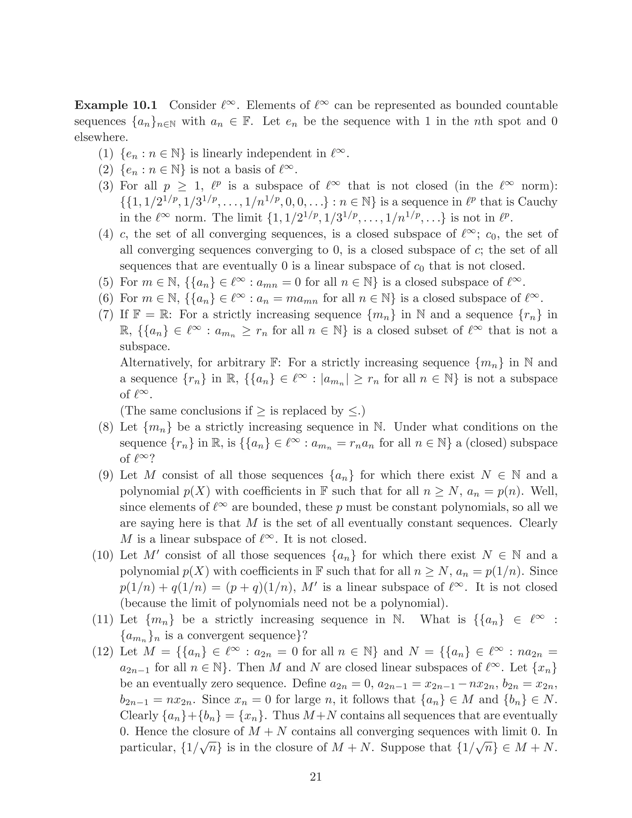 calculus, ϕ(t) ≥ ϕ(1) for all t. In particular, t1/p
≤ 1
p t − 1
p + 1 = 1
p t + 1
q for
all t, and so for any non-negative a and positive b, (a/b)1/p
≤ 1
p (a/b) + 1
q , which
says that a1/p
b1− 1
p ≤ 1
p
a + 1
q
b. Note that this latter inequality holds even if b is
zero, i.e., it holds for all non-negative real numbers a and b. With a = |f(x)|p
||f||p
p
,
b = |g(x)|q
||g||q
q
, this says that
|f(x)|
||f||p
·
|g(x)|
||g||q
≤
1
p
|f(x)|p
||f||
p
p
+
1
q
|g(x)|q
||g||
q
q
.
Now integrate both sides to get
||fg|
|1
||f|
|p||g||q
≤ 1
p + 1
q = 1.
(3) (Minkowski’s inequality.) Let f, g ∈ Lp
. Then ||f + g||p ≤ ||f||p + ||g||p. This
is clearly true of p = 1, so we may assume that p  1. We may also assume that
||f + g||p is non-zero. Set q = 1
1− 1
p
= p
p−1
 1. Note that
R
(|f + g|p−1
)q
dµ =
R
|f + g|p
dµ  ∞, so that (f + g)p−1
∈ Lq
. Furthermore,
 