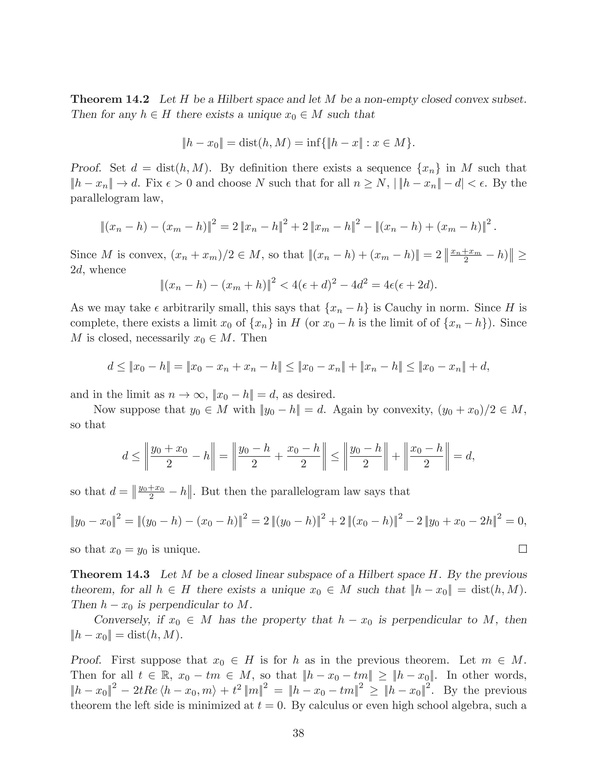 5 L∞
spaces
Let (X, Σ, µ) be a measure space. Let f be a measurable function f (from X to C or
R ∪ {±∞}, and B ∈ R ∪ {∞} such that for some set E ∈ Σ of measure 0, |f|χXE ≤ B.
Then clearly for any measurable g that is µ-equivalent to f, there exists F ∈ Σ of measure
0, such that |g|χXF ≤ B. For such f we define
||f||∞
to be the infimum of all such possible B. We just proved that ||f||∞ = ||g||∞ whenever f is
µ-equivalent to g.
Definition 5.1 Let (X, Σ, µ) be a measure space. Define L∞
= L∞
(X) = L∞
(X, Σ, σ)
to be the set of all µ-equivalent classes of measurable functions for which ||f||∞  ∞.
Theorem 5.2 If (X, Σ, µ) be a measure space, then L∞
(X) is a Banach space with the
norm || ||∞.
Proof. Note that if f ∈ L∞
, then f is bounded almost everywhere, and so by the discussion
above Definition 4.5, L∞
is closed under addition. The other properties of vector spaces
are straightforward to establish for L∞
.
For the norm we only verify that triangle inequality: Let B, C ∈ R such that f ≤ B
almost everywhere and g ≤ C almost everywhere. Then f +g ≤ B +C almost everywhere,
so that ||f + g||∞ ≤ B + C. Now we take the infimum over all such B and C to get that
||f + g||∞ ≤ ||f||∞ + ||g||∞.
That L∞
is complete I leave for the exercises.
6 Some spaces that are almost Banach, but aren’t
Definition 6.1 Let X = C∞
([a, b]) be the set of all functions [a, b] → R that have deriva-
tives of all orders (one sided derivatives at a and b).
For each k ∈ N, define ||f||k =
Pk
i=1
 