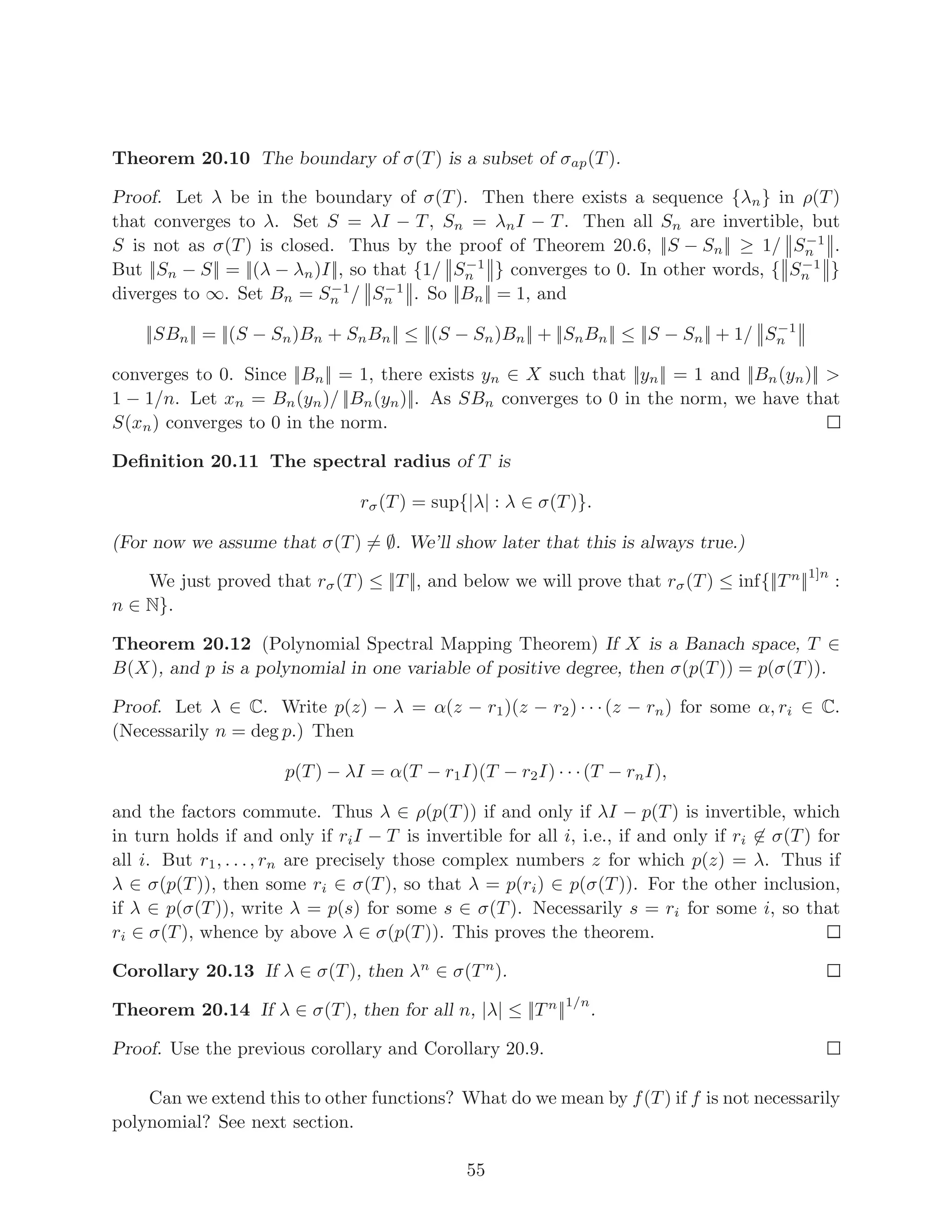 Definition 6.2 Let C(Fn
) be the set of all continuous functions Fn
→ F.
The definition of convergence in C(Fn
) ought to be as follows: {fn} → f if and only
if for all compact subsets K ⊆ Fn
, {(fn)|K} → f|K in the sup norm in C(K). However,
no single norm captures that. We can only say the quasi-seminorm thing: ((f))K =
sup{|f(x)| : x ∈ K} is a seminorm on C(Fn
), and {fn} → f if and only if for all compact
subsets K ⊆ Fn
, {(fn)} → f|K in the seminorm (( ))K.
Remark 6.3 A normed vector space can have more than one norm on it, and it can be
complete in one norm and not complete in another. We’ll see an example in ‘example-
completenotcomplete’.
7 Normed vector spaces are metric spaces
If X is a normed vector space with metric || ||, it is a metric space with the metric
d(x, y) = ||x − y||. This satisfies the property of metrics:
(1) d(x, x) = ||x − x|| = ||0|| = 0 for all x.
(2) If d(x, y) = 0, then ||x − y|| = 0, so that x − y = 0, so that x = y.
(3) For all x, y, z, d(x, z) = ||x − z|| = ||(x − y) + (y − z)|| ≤ ||x − y|| + ||y − z|| =
d(x, y) + d(y, z).
Not every metric produces a norm, however! Namely, the discrete metric on a vector
space (over a field with at least 3 elements) is given by d(x, x) = 0 and d(x, y) = 1 if x 6= y,
and is a metric. However, the function x 7→ d(x, x) is not a norm as it does not obey the
scalar rule.
In any case, a normed vector space X has a norm on it, as well as the corresponding
metric topology. Whereas a norm produces precise numbers, open sets are determined
more loosely. This is reflected in Theorem 7.3 below. But first a lemma:
Lemma 7.1 Let X be a vector space. Let p be a norm and q a seminorm on X. Suppose
that for some positive real numbers r, s, {x : p(x)  r} ⊆ {x : q(x)  s}. Then for all
x ∈ X,
q(x) ≤
s
r
p(x).
Proof. If q(x) = 0, there is nothing to show. So we may assume that q(x) 6= 0. Then
x 6= 0. As p is a norm, then p(x) 6= 0. Let α ∈ (0, 1). Then αr x
p(x) ∈ {y : p(y)  r} ⊆ {y :
q(y)  s}, so that q(αr x
p(x) )  s. In other words, αrq(x)  sp(x). Now we take the limit
as α goes to 1 to obtain that rq(x) ≤ sp(x). This proves the lemma.
11
 