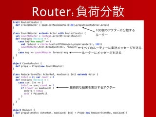 Router:負荷分散
trait RouterCreator { 
def createRouter = SmallestMailboxPool(100).props(CountAActor.props) 
} 
 
class CountA...