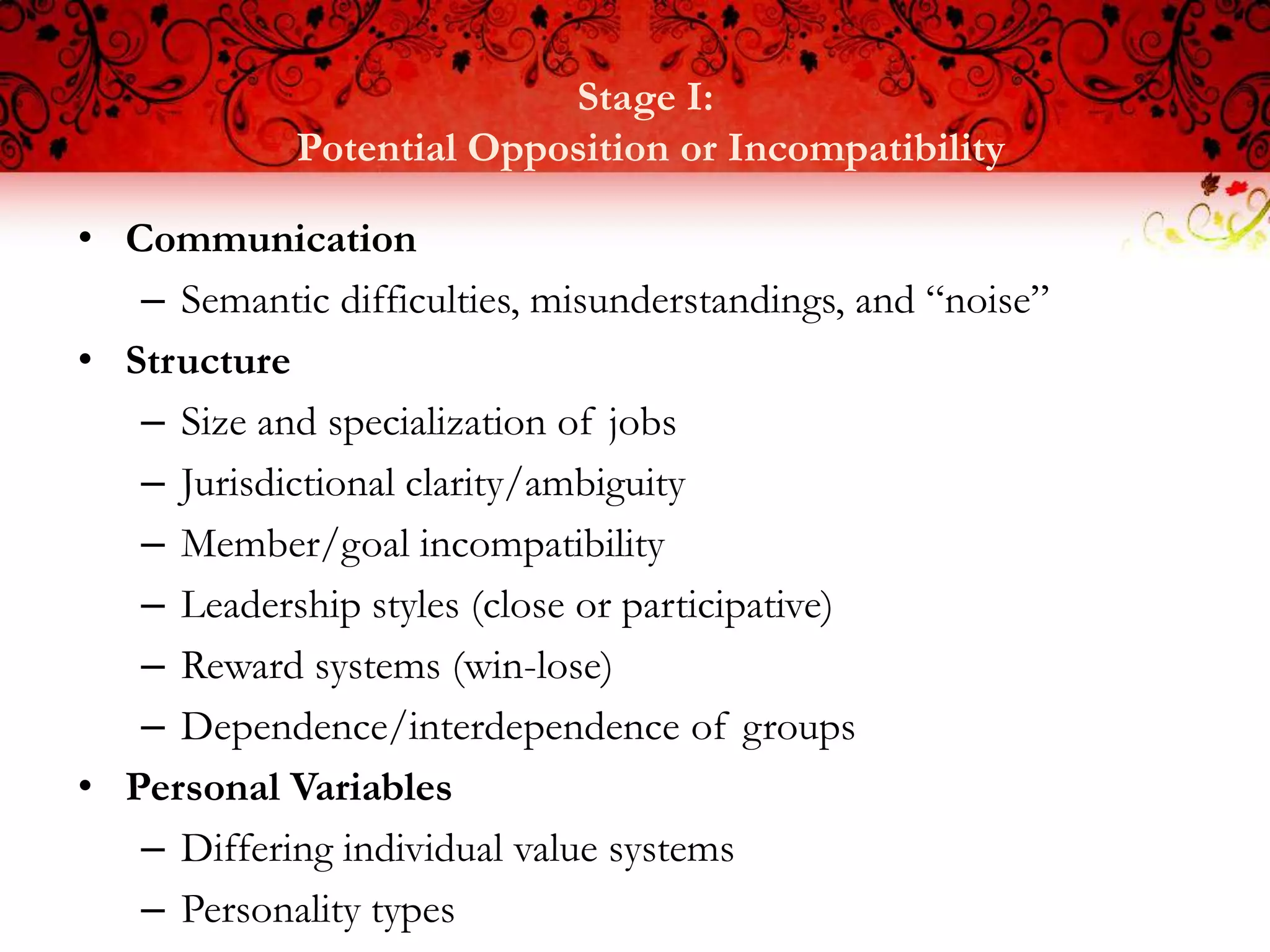 Stage I:
             Potential Opposition or Incompatibility

• Communication
   – Semantic difficulties, misunderstandings, and “noise”
• Structure
   – Size and specialization of jobs
   – Jurisdictional clarity/ambiguity
   – Member/goal incompatibility
   – Leadership styles (close or participative)
   – Reward systems (win-lose)
   – Dependence/interdependence of groups
• Personal Variables
   – Differing individual value systems
   – Personality types
 