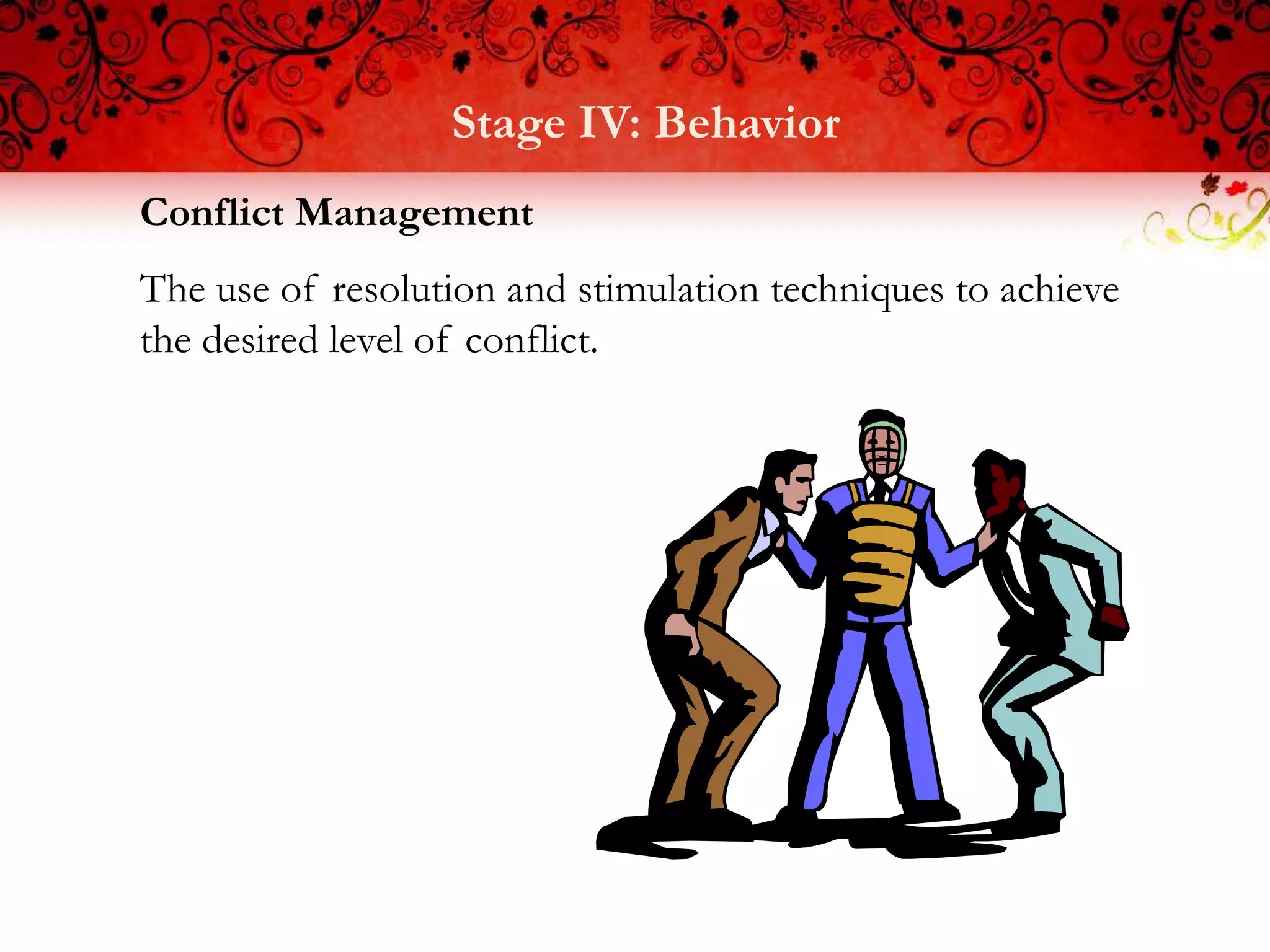 Stage IV: Behavior
Conflict Management
The use of resolution and stimulation techniques to achieve
the desired level of conflict.
 