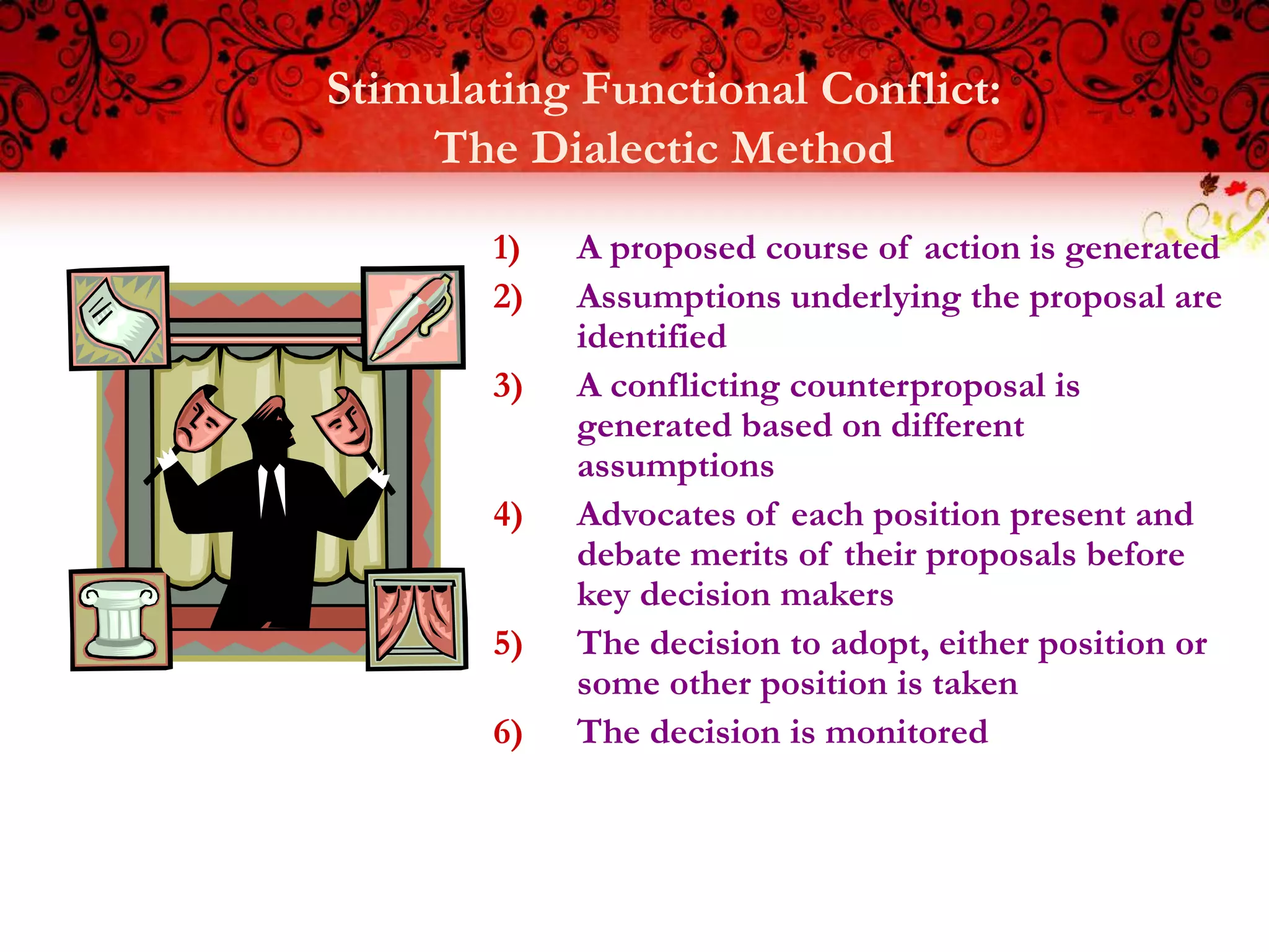 Stimulating Functional Conflict:
    The Dialectic Method
       1)   A proposed course of action is generated
       2)   Assumptions underlying the proposal are
            identified
       3)   A conflicting counterproposal is
            generated based on different
            assumptions
       4)   Advocates of each position present and
            debate merits of their proposals before
            key decision makers
       5)   The decision to adopt, either position or
            some other position is taken
       6)   The decision is monitored
 