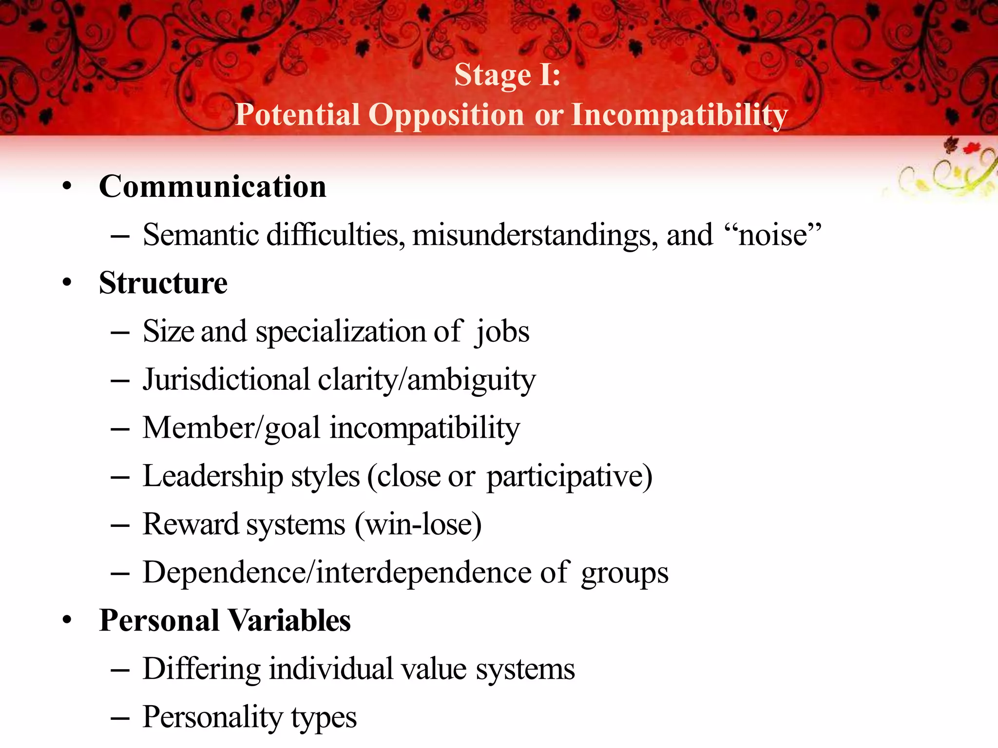 Stage I:
Potential Opposition or Incompatibility
• Communication
– Semantic difficulties, misunderstandings, and “noise”
• Structure
– Size and specialization of jobs
– Jurisdictional clarity/ambiguity
– Member/goal incompatibility
– Leadership styles (close or participative)
– Reward systems (win-lose)
– Dependence/interdependence of groups
• Personal Variables
– Differing individual value systems
– Personality types
 