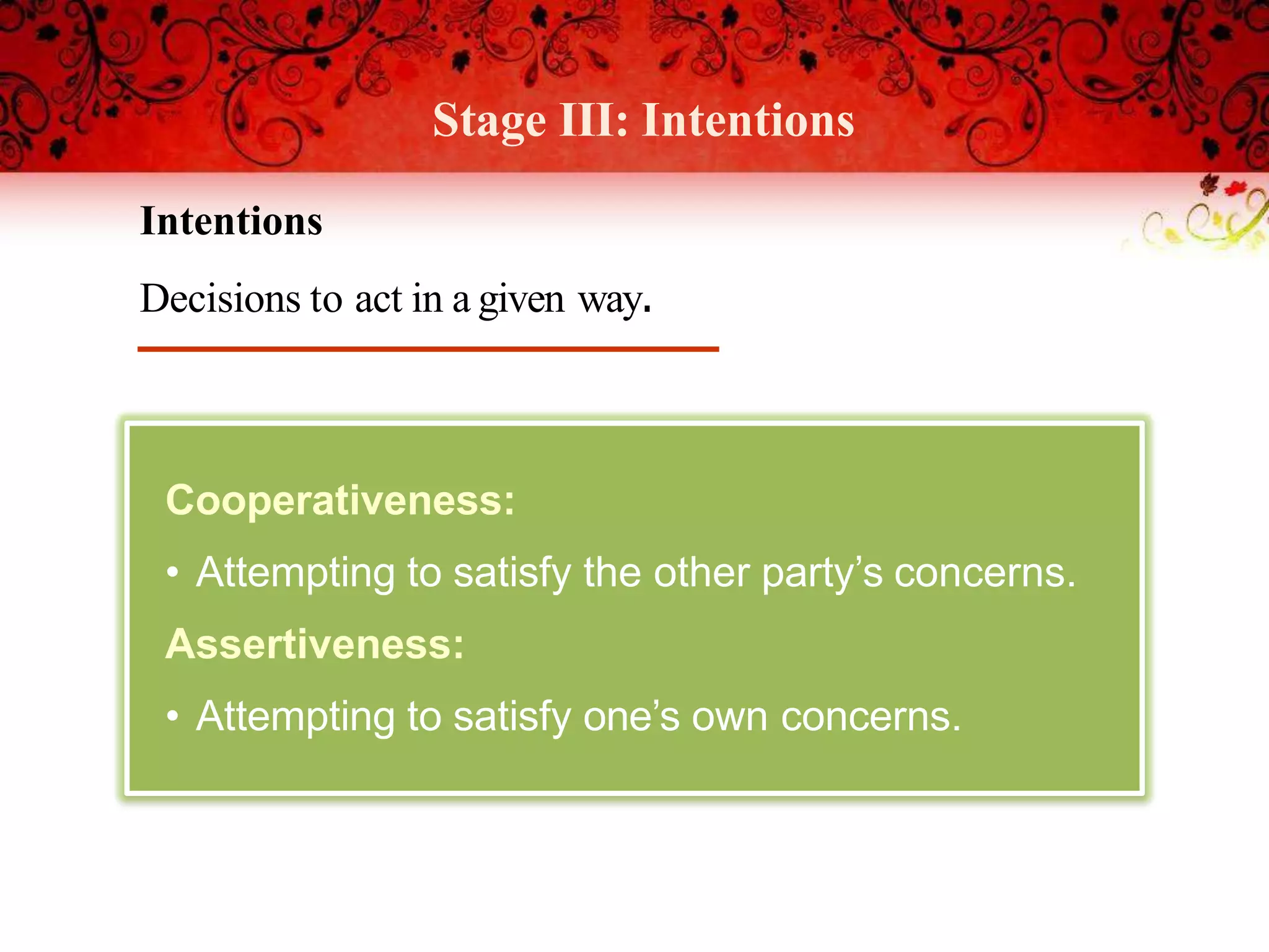 Stage III: Intentions
Cooperativeness:
• Attempting to satisfy the other party’s concerns.
Assertiveness:
• Attempting to satisfy one’s own concerns.
Intentions
Decisions to act in a given way.
 