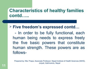 Characteristics of healthy families
contd…..
 Five freedom’s expressed contd…
- In order to be fully functional, each
human being needs to express freely
the five basic powers that constitute
human strength. These powers are as
follows-
11
Prepared by: Nilu Thapa, Associate Professor, Nepal Institute of Health Sciences (NIHS),
Jorpati, Kathmandu, Nepal
 