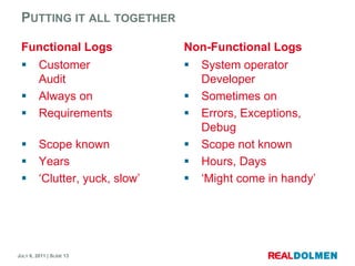 Putting italltogetherFunctional LogsCustomerAuditAlways onRequirementsScope knownYears‘Clutter, yuck, slow’Non-Functional LogsSystem operatorDeveloperSometimes onErrors, Exceptions, DebugScope notknownHours, Days‘Mightcome in handy’