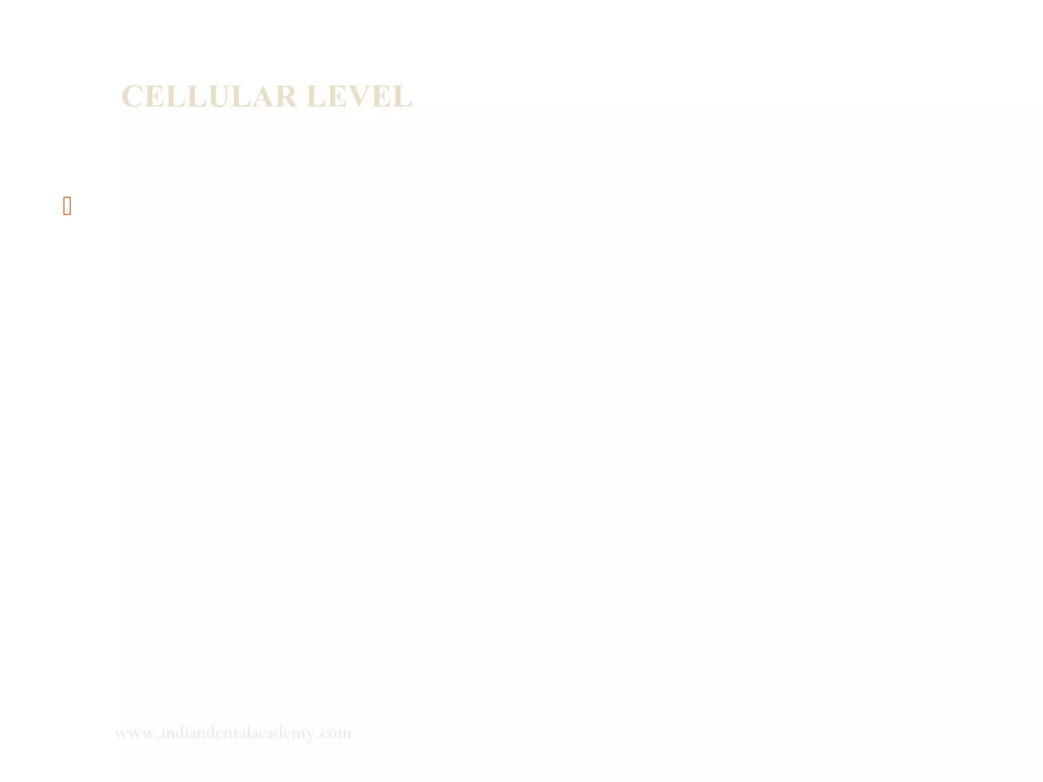 CELLULAR LEVEL
 a) Factors regulating mandibular condylar growth:
In the past years, natural growth of condyles and growth
changes using orthopedic appliances on experimental animals
have been reported. Petrovic & Stutzmann hypothesized that
“there must be a negative feedback-signal originating from the
proximal part of the chondroblastic zone and exerting a
restraining effect on the prechondrobastic multiplication rate.
www.indiandentalacademy.com
 