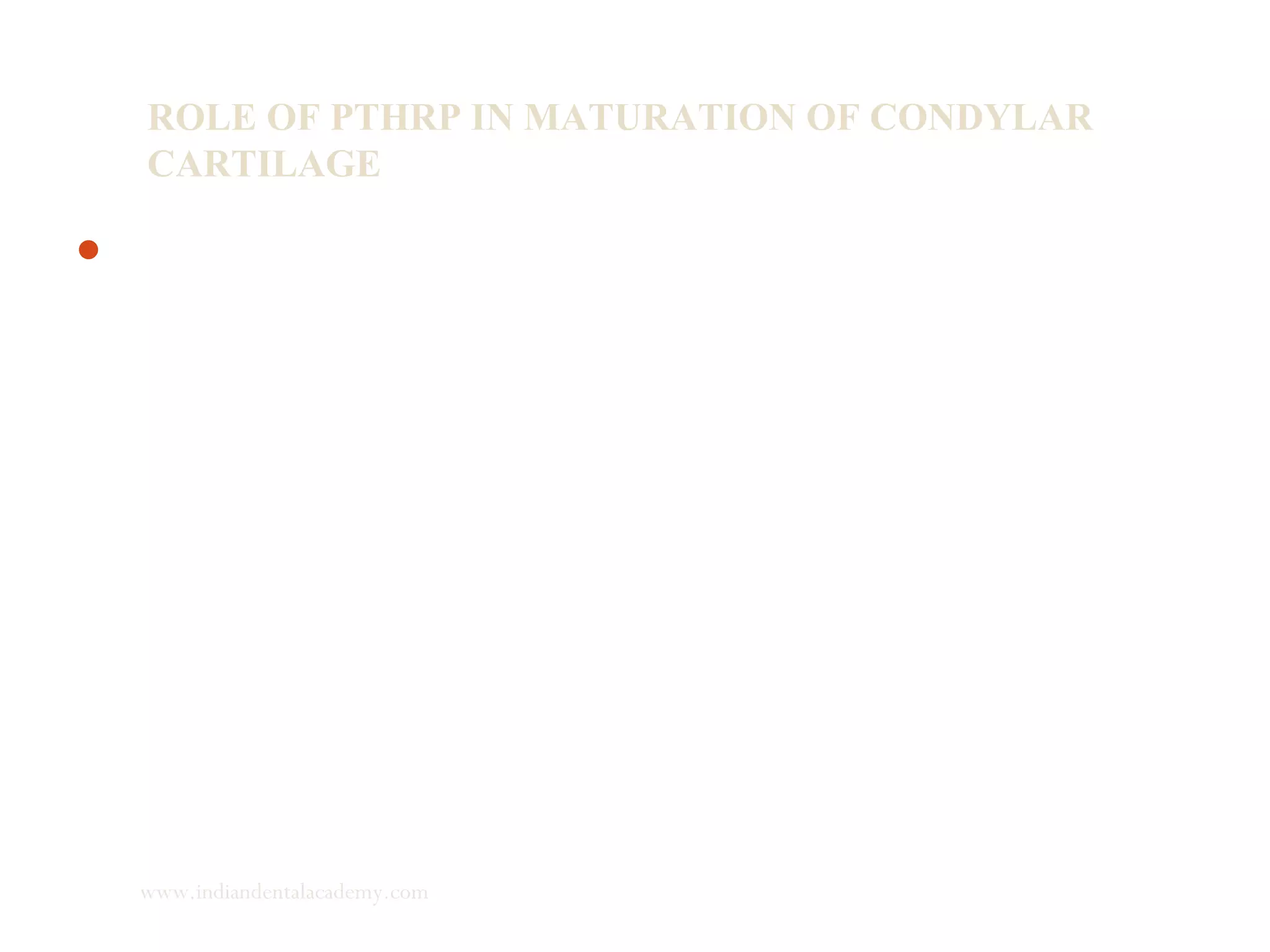 ROLE OF PTHRP IN MATURATION OF CONDYLAR
CARTILAGE
Parathyroid-hormone-related protein (PTHrP) belongs to the
parathyroid hormone (PTH) family. PTH is a circulatory
hormone where as PTHrH is a local messenger with multiple
functions in many tissues. During skeletal growth, the
physiologic action of PRHeP in cartilage is to regulate
endochondral bone formation by controlling the pace of
chondrocytes differentiation and maturation.
www.indiandentalacademy.com
 