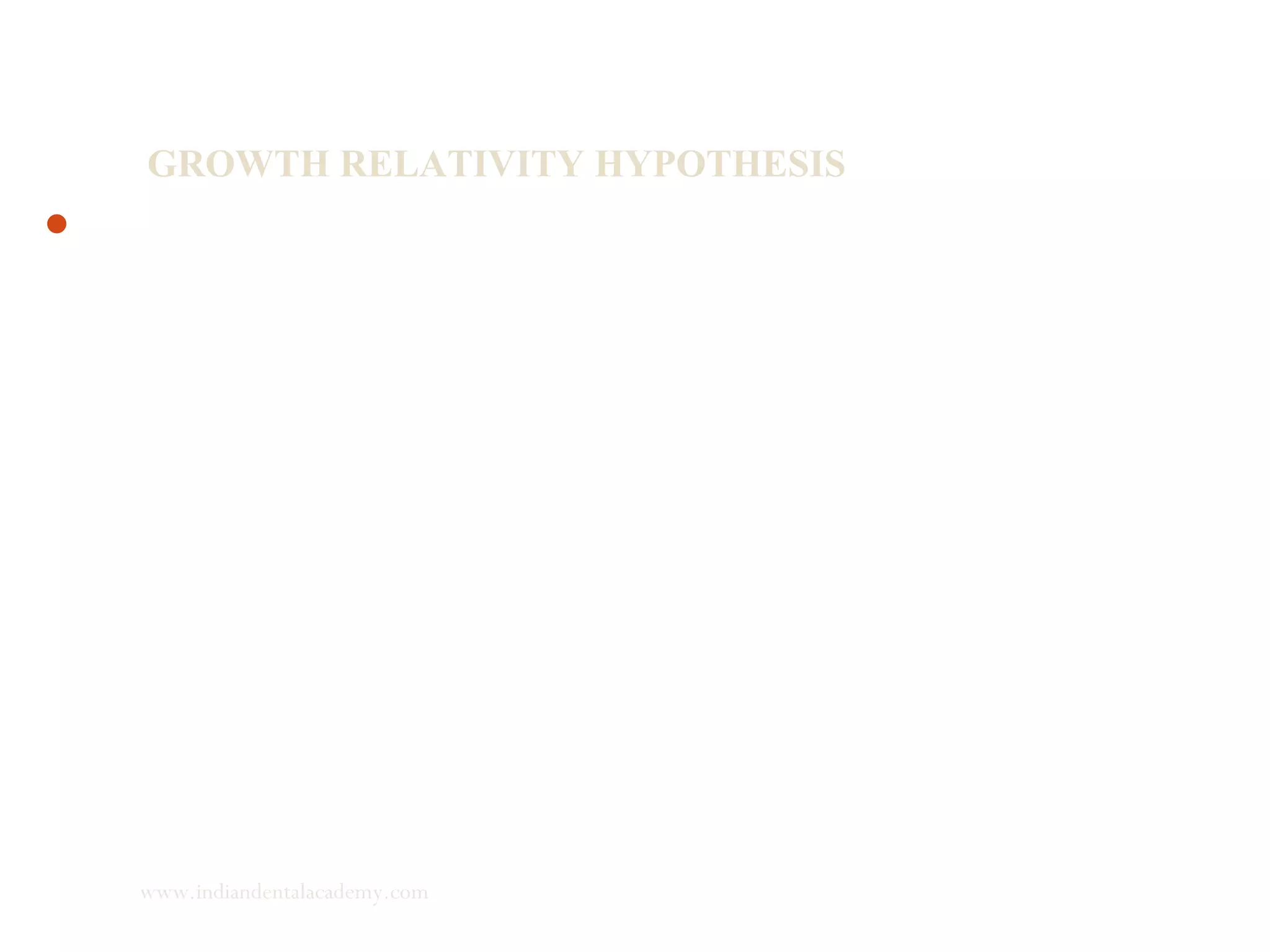 GROWTH RELATIVITY HYPOTHESIS
Enlow and Hans presented an excellent overall perspective suggesting
that mandibular growth is a combination of regional forces and
functional agents of growth control that interact in response to specific
extra condylar activating signals. These extrinsic signals are the main
foundation of the growth relativity hypothesis.
www.indiandentalacademy.com
 