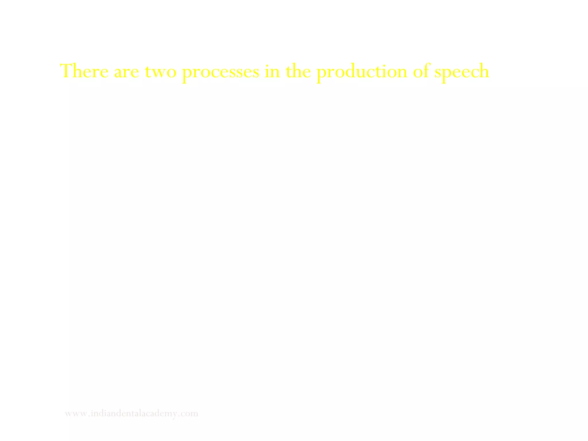There are two processes in the production of speech
1] Phonation –it is the production of airflow and the
establishment of frequency
2] Articulation- it is the modification of airflow by
resonance or various degree of stoppage to produce
vowels and consonants
www.indiandentalacademy.com
 