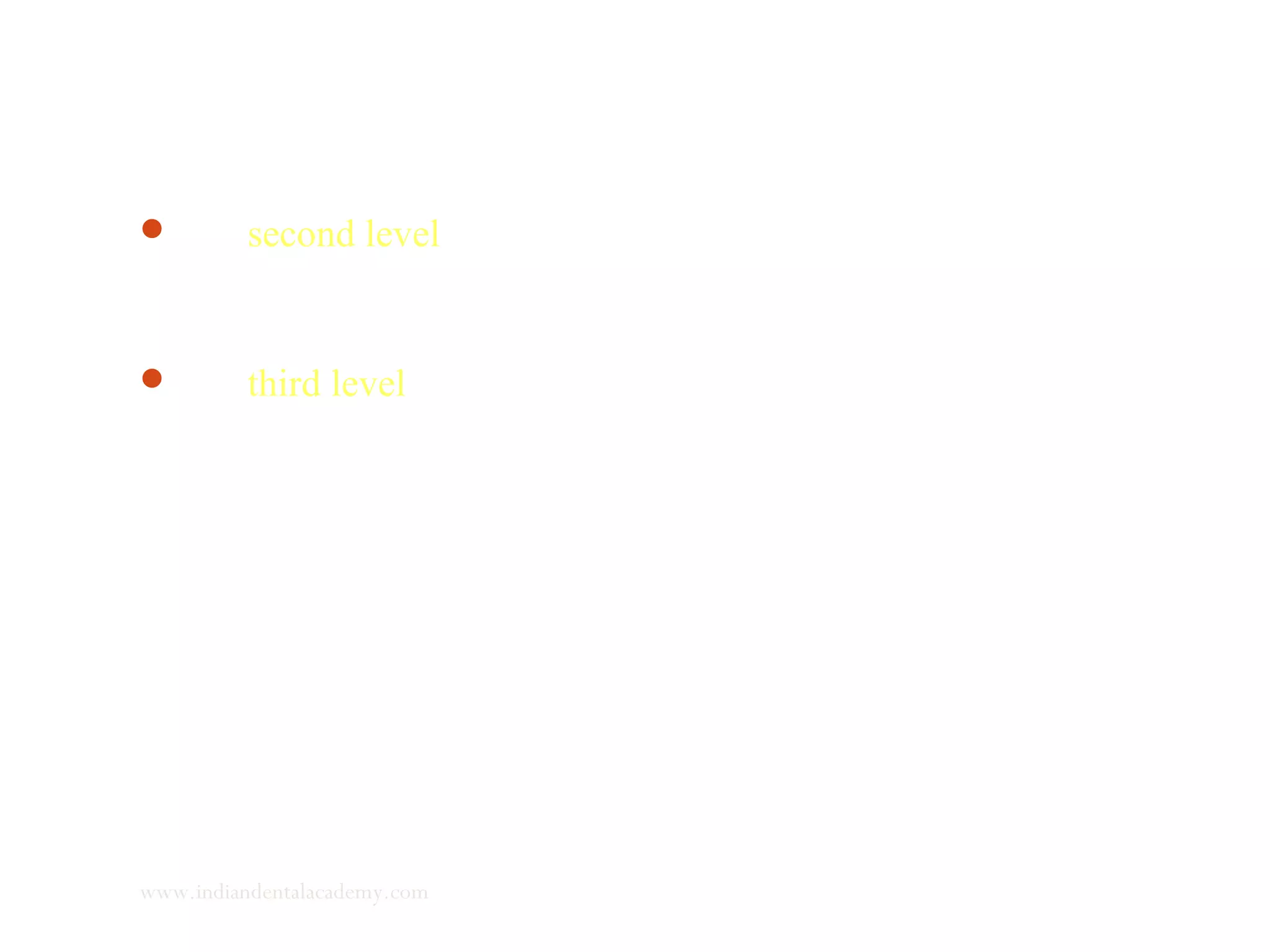 The second level based on variations in the direction of
mandibular and maxillary growth, relates to growth inclinations
and growth rotations of both maxilla and mandible.
The third level, based on the occlusal relationship that functions
as the peripheral comparator of the Servosystem, has
subdivisions representing either an aggravation or a melioration
of malocclusions resulting from the first two arborizational
levels.
www.indiandentalacademy.com
 